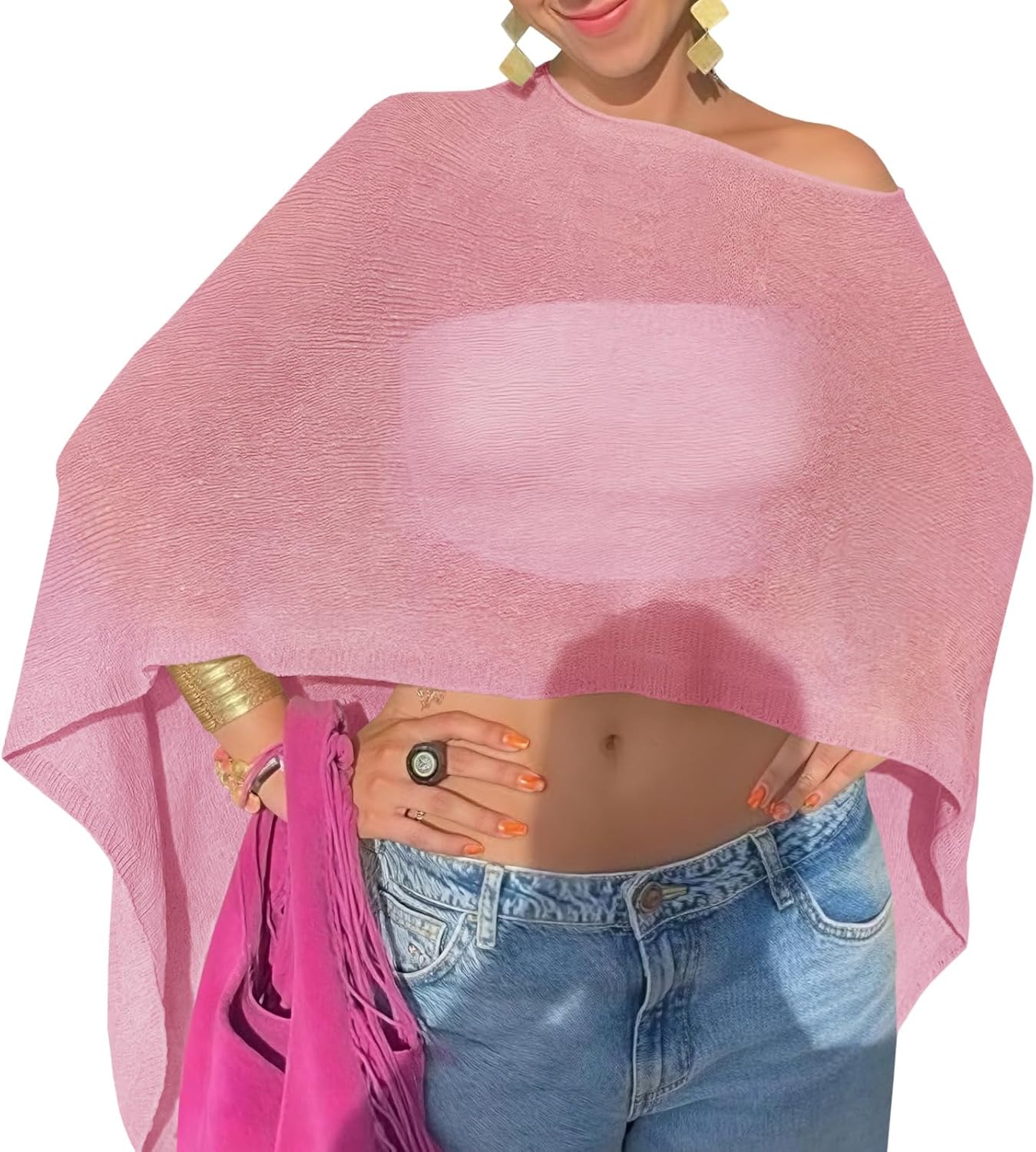 Fisoew Womens Sheer Poncho Top Lightweight Knit Bolero Shrug Mesh Off The Shoulder Y2K Going Out Beach Swimsuit Coverup