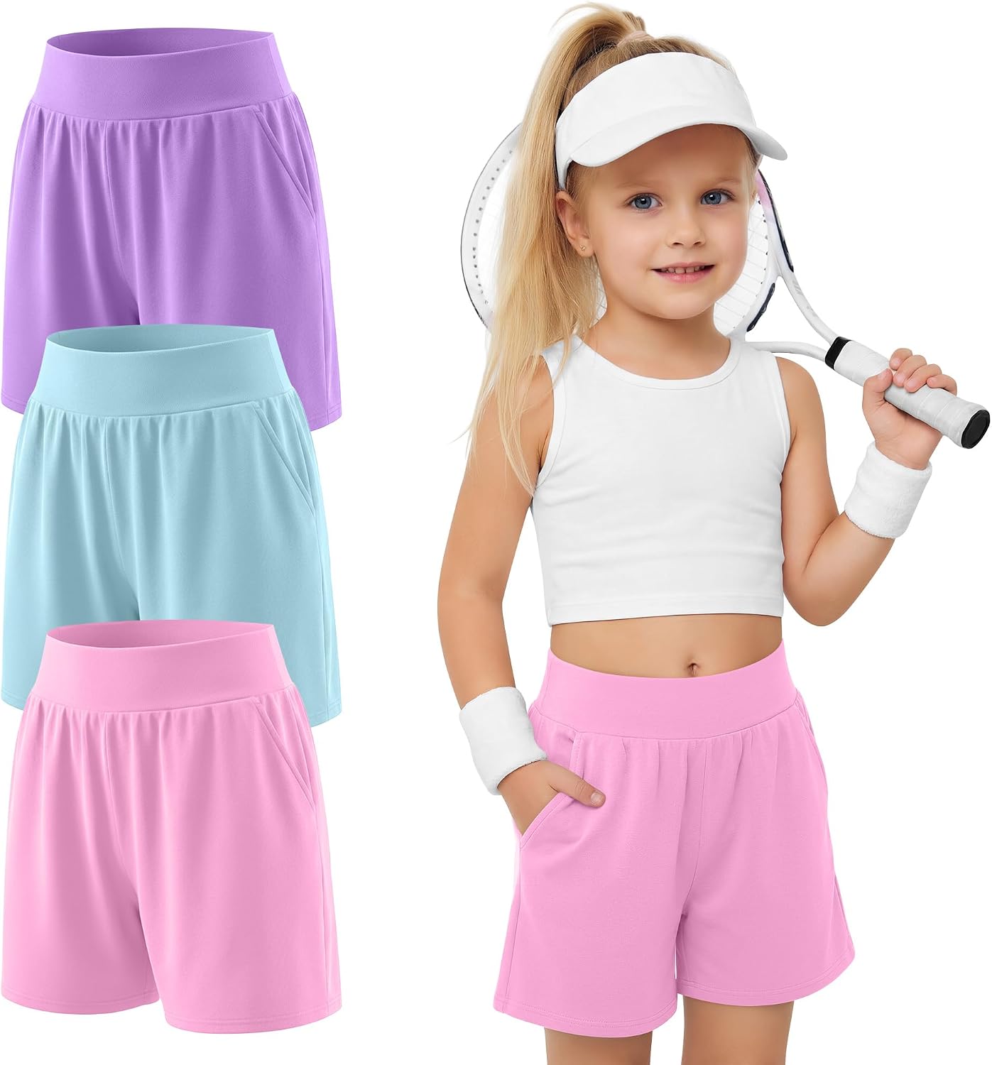 3 Pack Toddler Girls' Shorts 18M-5T Baby Wide Leg Cotton Shorts Elastic Waist Athletic Summer Clothes with Pockets