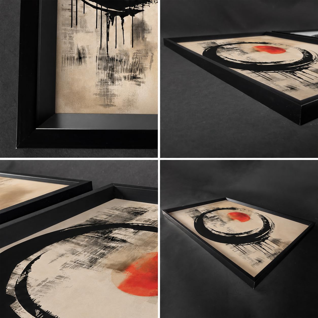 DekoArte - Cuadros decoración salón modernos zen 50x70 cm x3 con marco | Set 3 cuadros con marco negro, impresión abstracta estilo japones en tonos negros, rojos y beige, listos para colgar