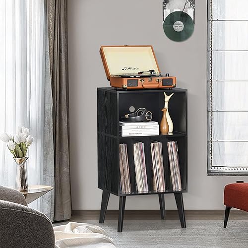 Miniatura 10 de Lerliuo Soporte para tocadiscos, soporte para tocadiscos de nogal con capacidad para hasta 160 álbumes, mesa de gabinete de almacenamiento de vinilo