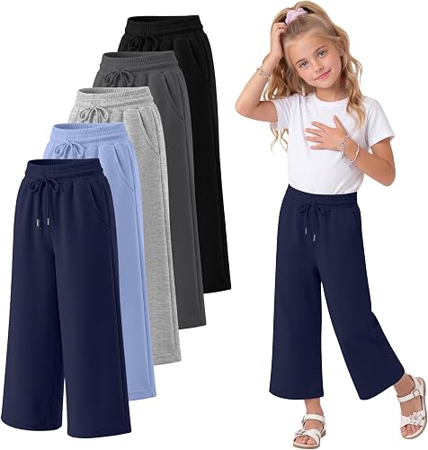 LessonZoo 5 Pack Girls Capri Pants Wide Leg Loose Fit Cropped Sweatpants Drawstr