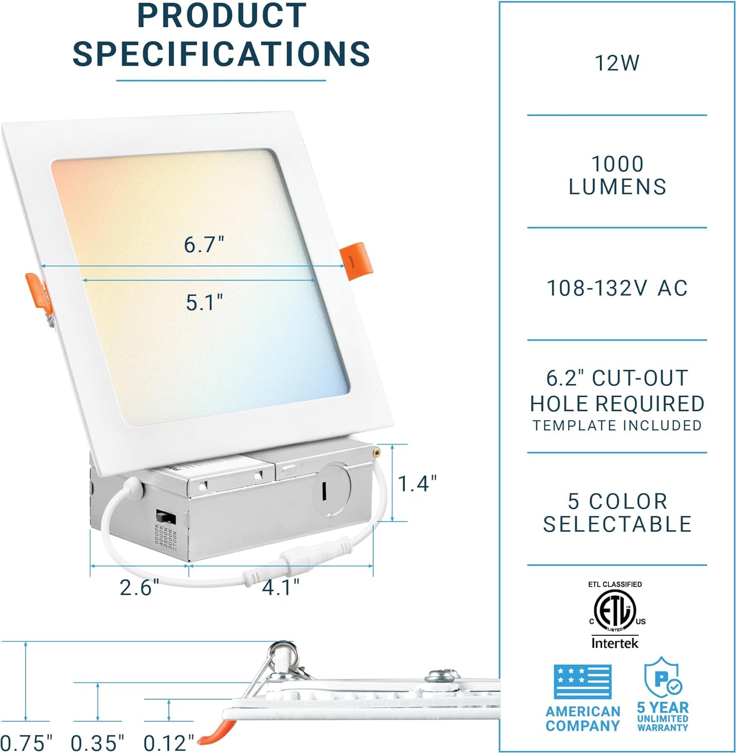 PARMIDA (6 Pack) 6 Inch Square 5CCT Ultra Thin LED Recessed Lighting with Junction Box, 2700K/3000K/3500K/4000K/5000K 5 Color Selectable, 12W, Dimmable, Canless Wafer Slim Panel Lights, IC Rated, ETL