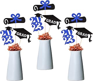 12 Pack 2023 Graduation Centerpiece Sticks Assembled Glitter Class of 2023 Cake Toppers Diploma Grad Cap Table Flower Centerpiece Sticks for 2023 Graduation Theme Party Supplies Blue
