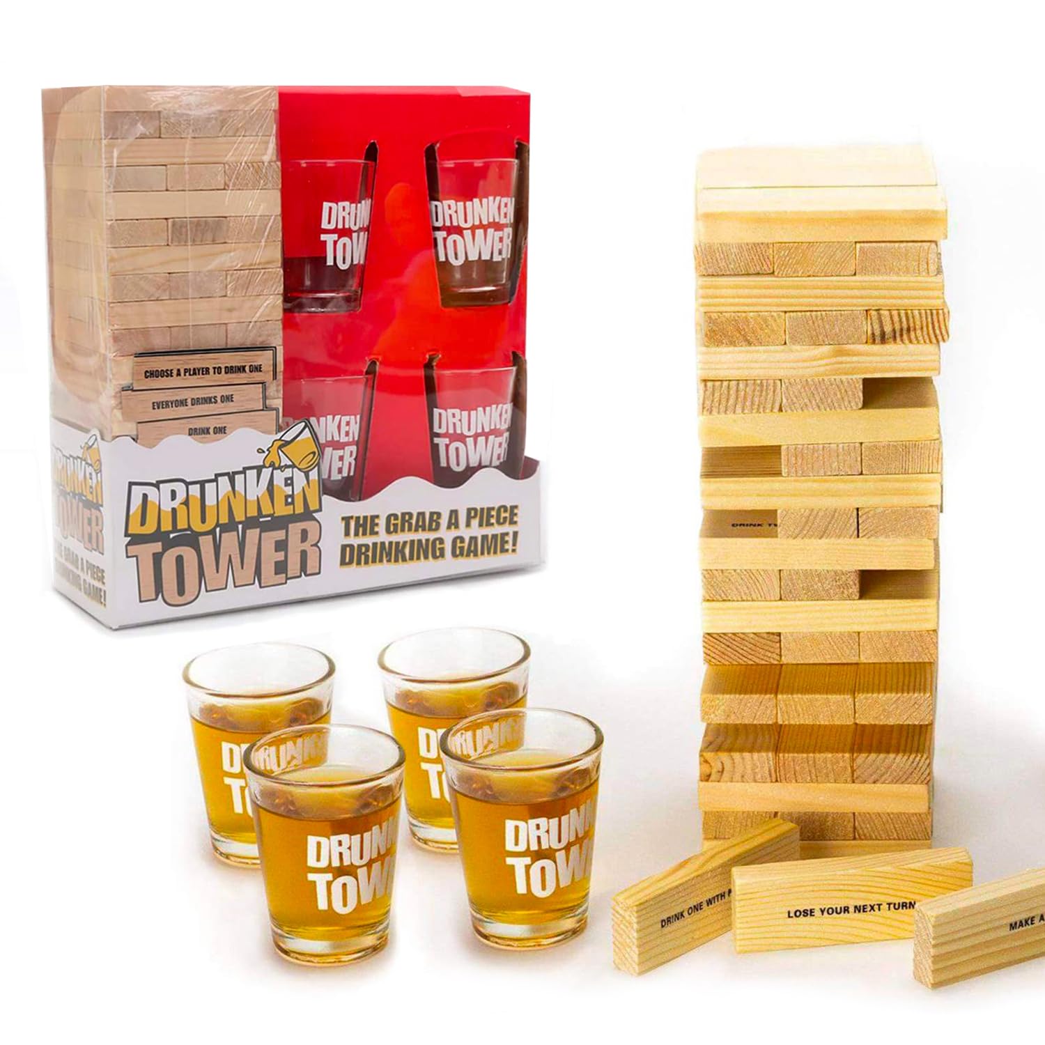 Original Drunken Tower | Infernal Tower with Tows | Premium Quality | 60 Wooden Blocks | 4 Shot Glasses | Drinking Game | Aperitif | Party | OriginalCup