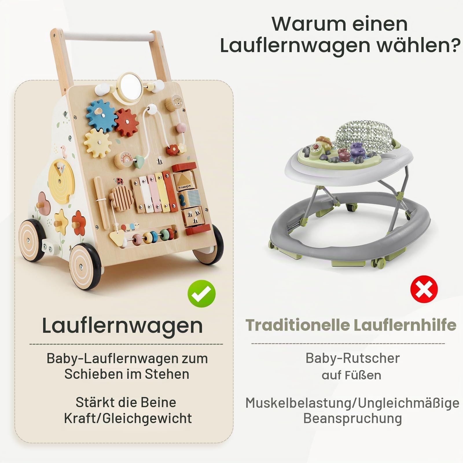 Labebe Baby Lauflernwagen Holz – Lauflernhilfe mit einstellbarer Geschwindigkeit und Höhe, Montessori Schiebespielzeug für Jungen und Mädchen ab 12 Monaten