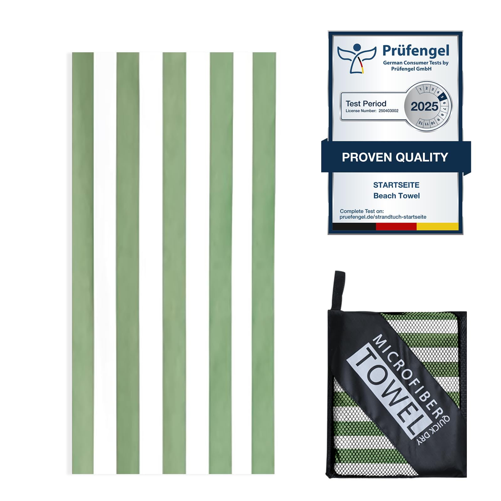 160 x 80 cm Microfibre Towel - Large Size Quick Drying Microfibre Beach Towels for adults, Sand-Free, Absorbentextra large Beach Towels for adults - Includes Storage Bag (Green and White Stripes) โ image 1