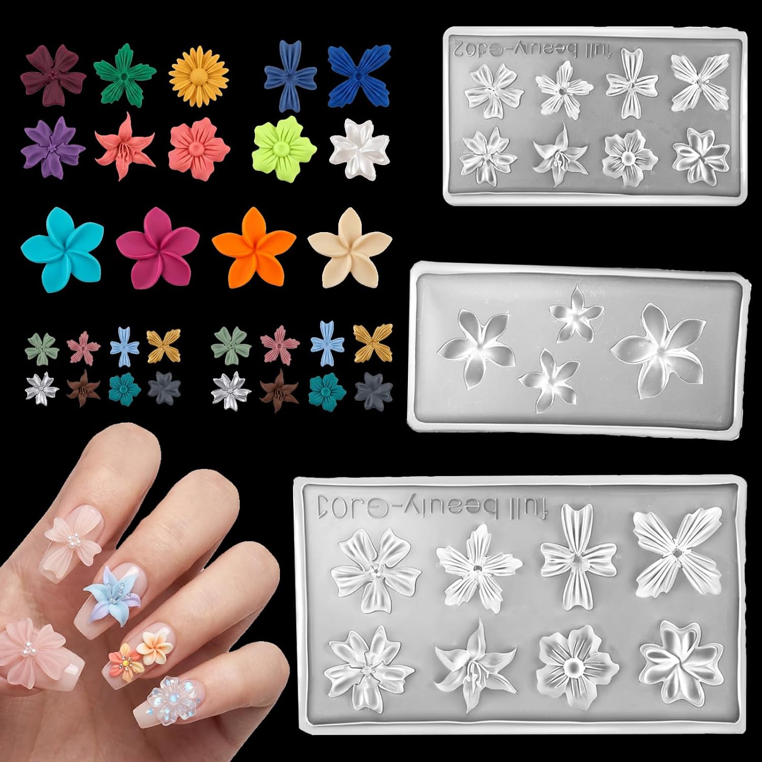 3D Flower Silicone Nail Molds, 3Pcs Transparent Carving Templates for Gel Manicure, Resin Charm Molds for Manicure DIY Decor