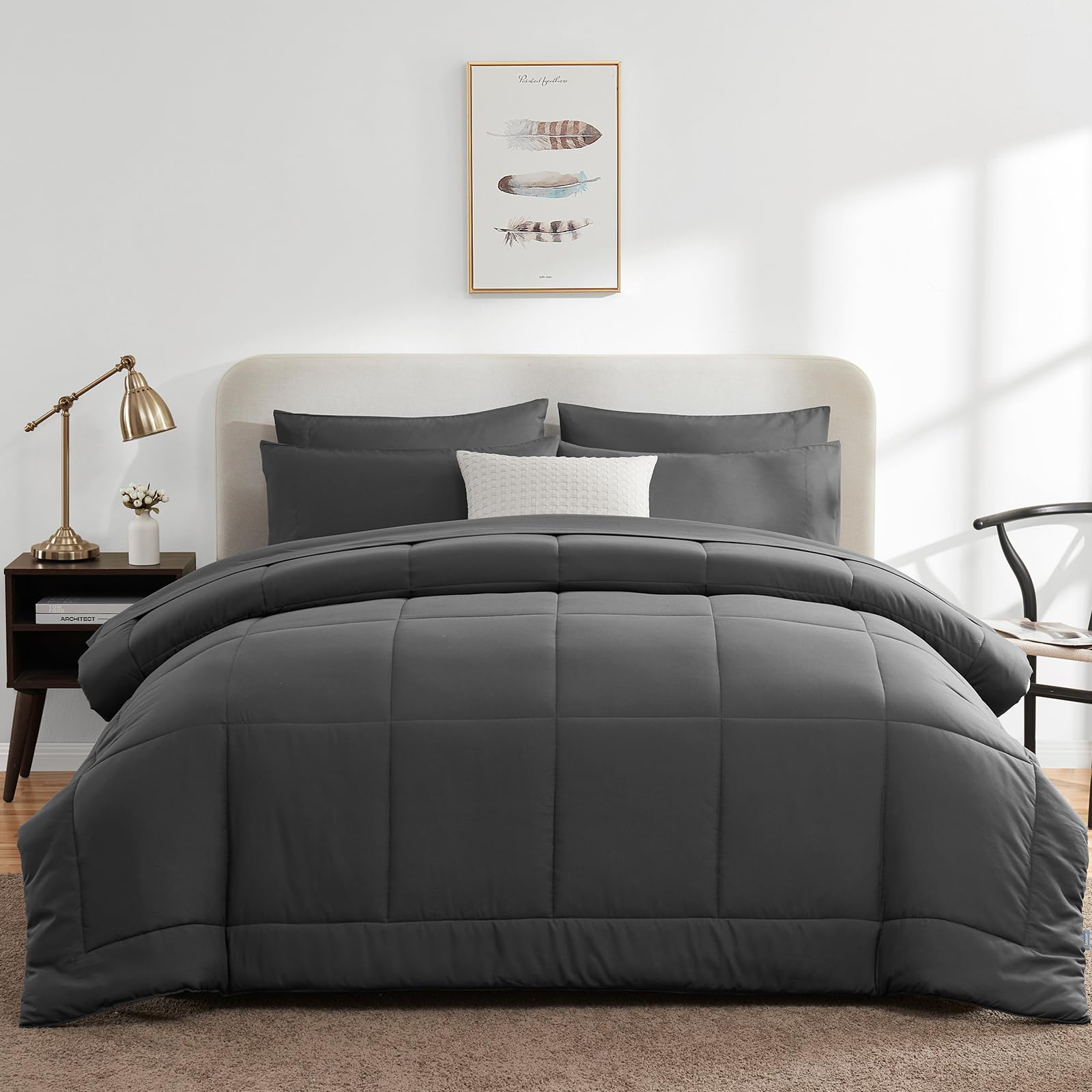 CozyLux Queen Comforter Set Black, 7 Pieces Bed in a Bag, Black Comforter Queen Size, All Season Bedding Sets with Stitch Quilted Comforter, Flat Sheet, Fitted Sheet, Pillowcases: Dark Grey Oversized King