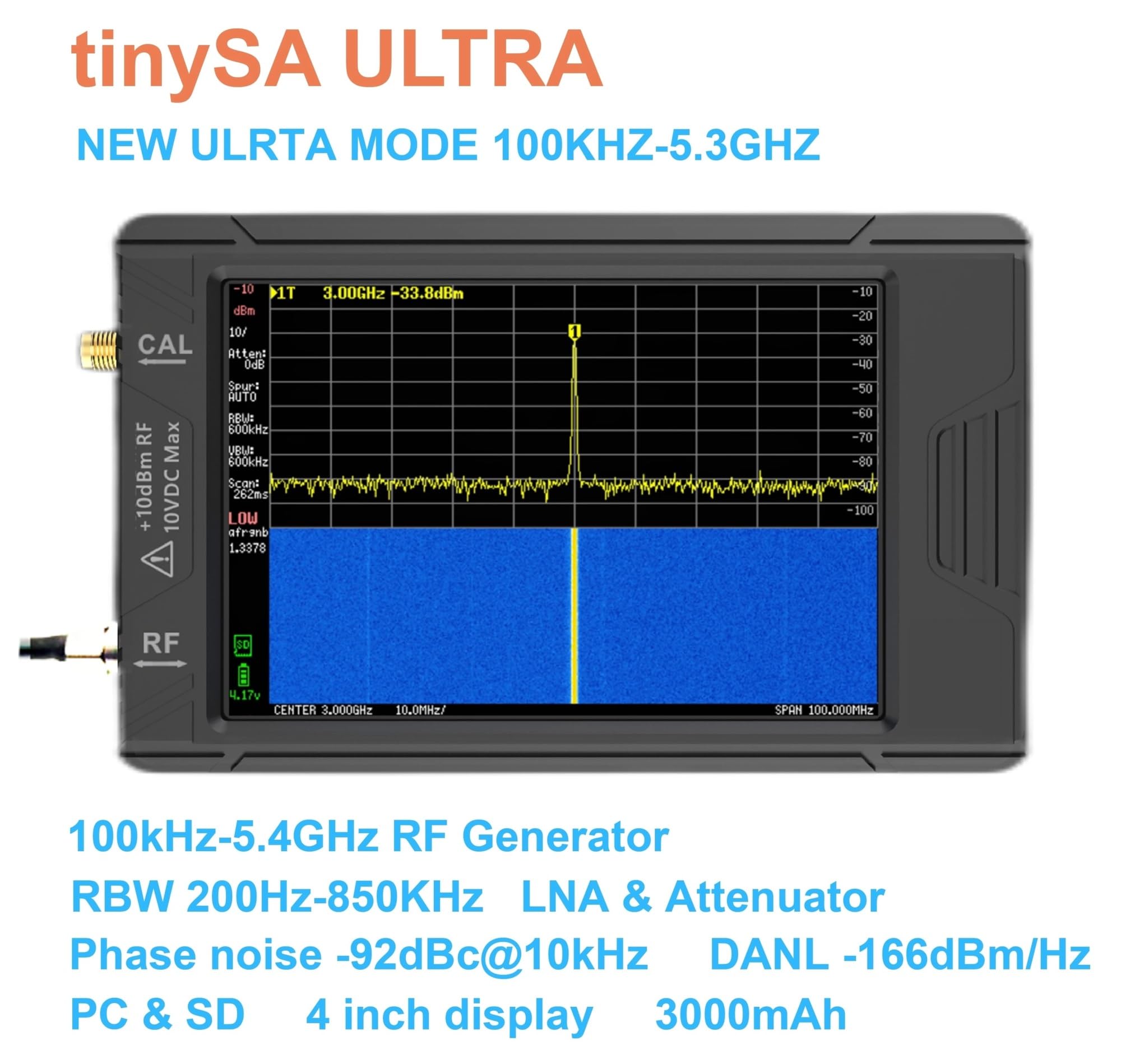 Analizador de Espectro con Pantalla de 2.8" Pantalla ULTRA de 4" 100kHz a 5.3GHz con Tarjeta de 32GB Versión V0.4.5.1