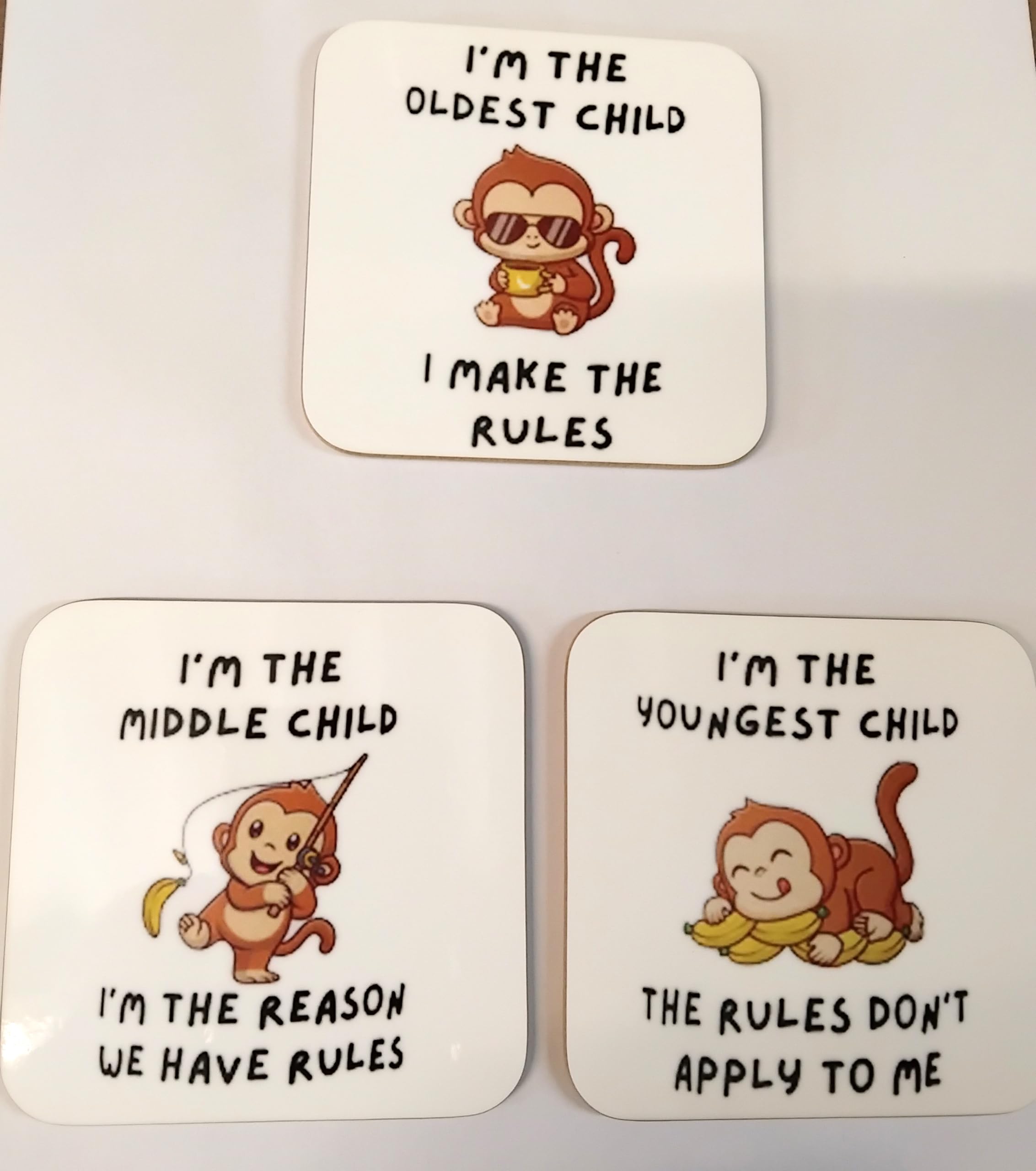 Youngest, Middle and Oldest Sibling, Child, Cheeky Monkeys Wooden Coaster Set