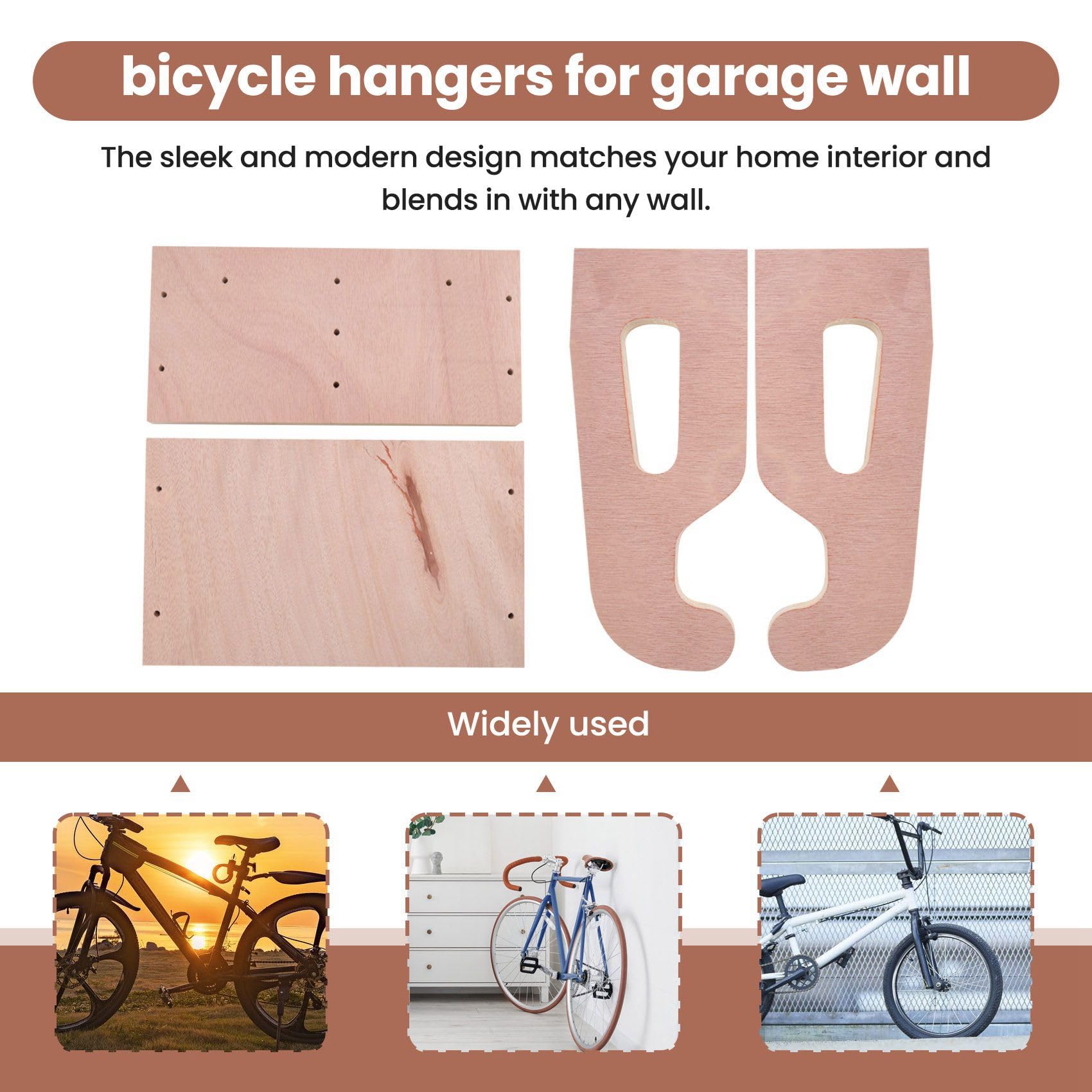 2X Estante Pared para Bicicleta, Colgadores Pared para Bicicleta Montaña y Carretera, para Colgar Bicicletas Madera para Interiores, Soporte para Almacenamiento Bicicletas