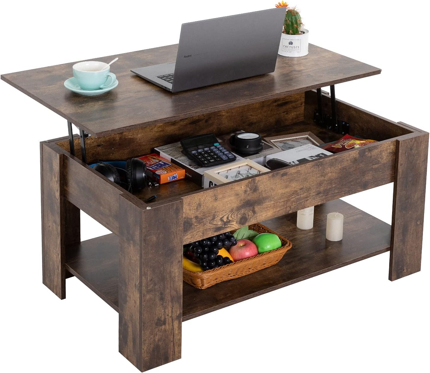 FDW Lift Top Coffee Table with Hidden Compartment and Storage Shelf Wooden Lift Tabletop for Home Living Room Reception Room Office,Brown