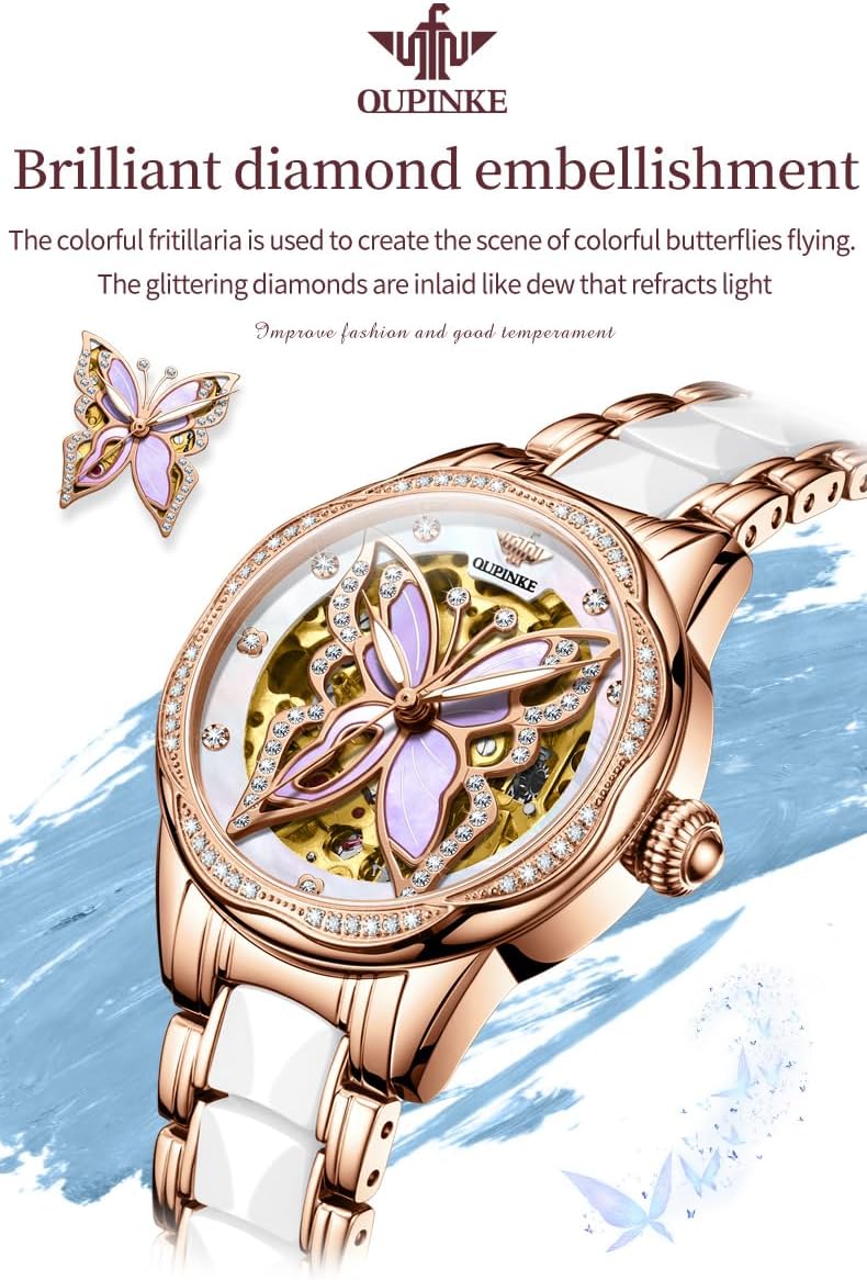 OLEVS Automatic Watch for Women Luxury Diamond Rose Gold Ladies Self Winding Mechanical Ceramic Wrist Watch Love Heart Date - Image 4