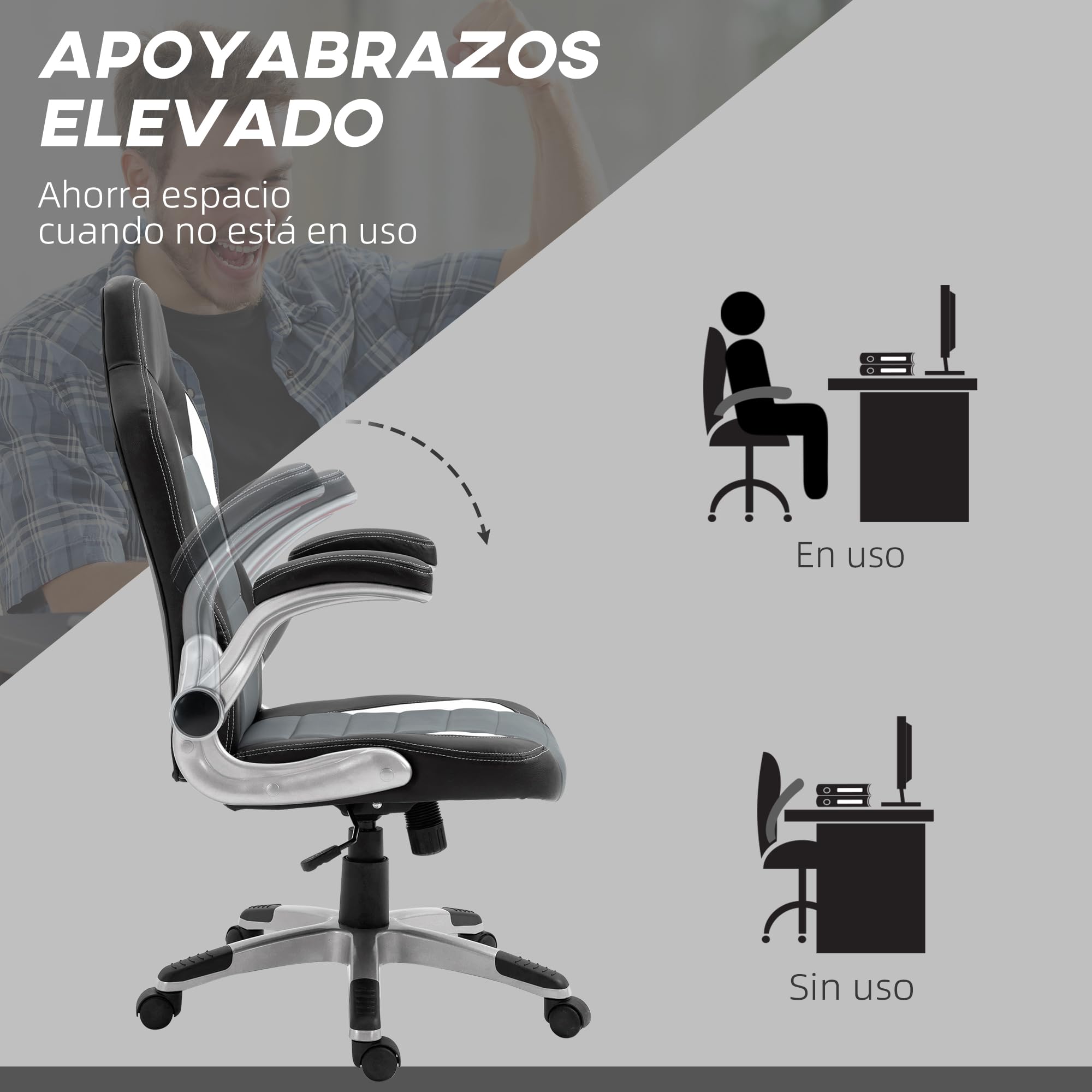 HOMCOM Silla de Oficina Silla de Escritorio Ajustable Silla de Despacho con Reposabrazos Abatibles 5 Ruedas y Función Basculante Carga 120 kg 65x69x112-122 cm Gris