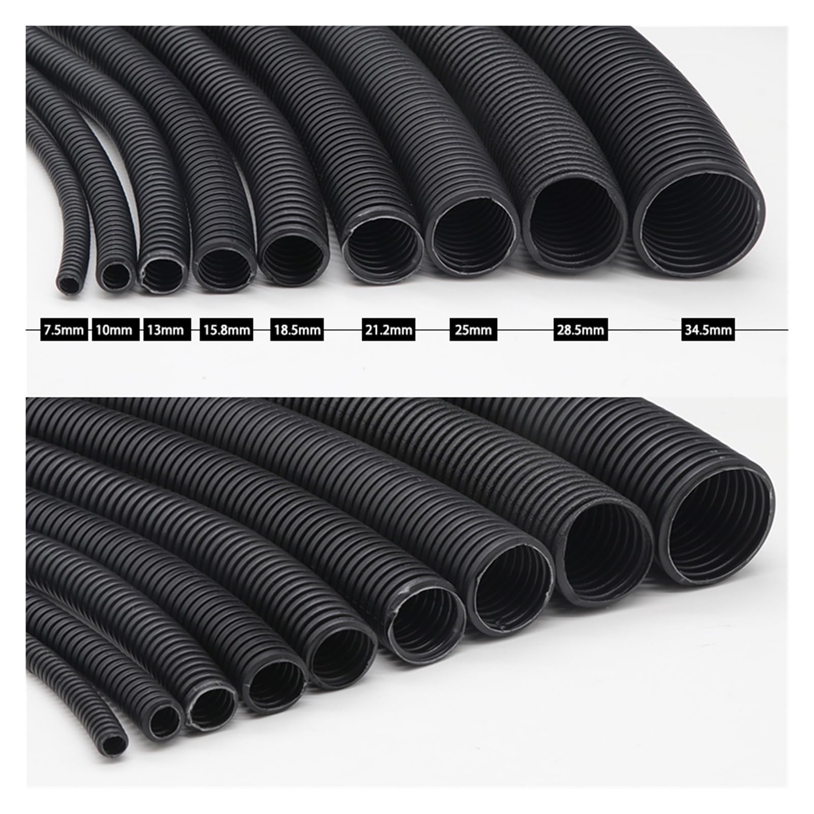 Tubo corrugato in PP nero, 10 m, 7,5 mm-34,5 mm, guaina protettiva per cablaggio AD 21,2 x ID 17 mm, perfetto per progetti elettrici