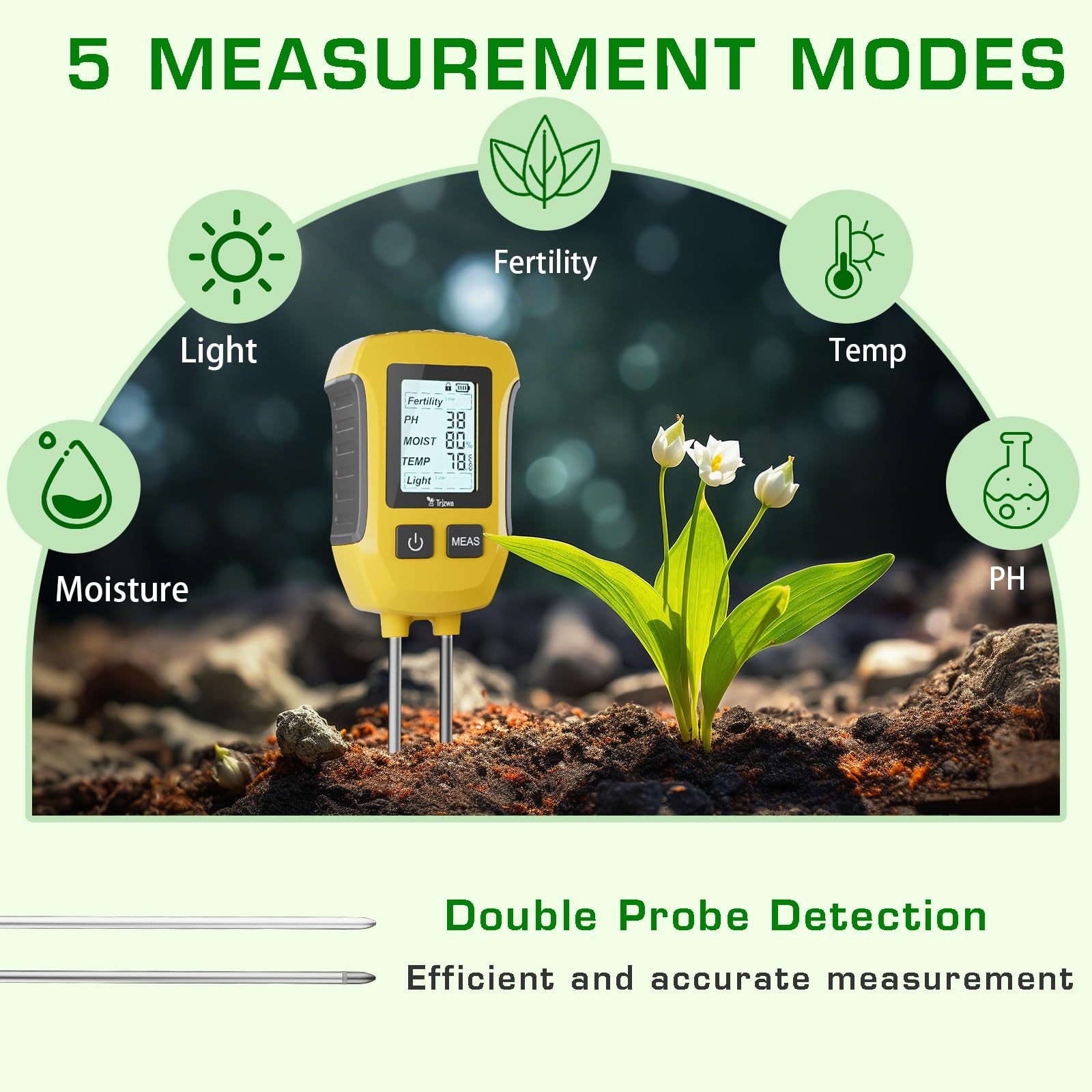 Testeur d'humidité pour Plantes 5 en 1,Humidimètre pour Fertilité/PH/Humidité du Sol/Température/Intensité de la Lumière du Soleil, Hygrometre pour Plantes avec Écran LCD Rétro-Éclairé