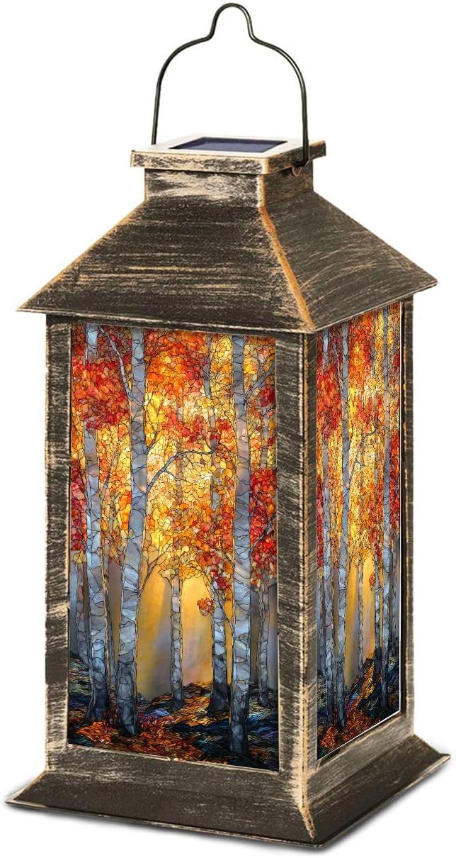 Solar Lantern Autumn Fall Serene Landscape Stained Glass Birch Tree Maple Leaves Outdoor Garden Hanging Lantern Waterproof Solar Powered Lighting Outside Table Lamp for Deck Yard Camping Patio Decor