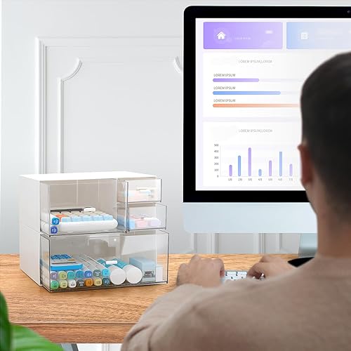 Miniatura 4 de LETURE Organizador de escritorio de oficina de papelería con 4 cajones, organizador de maquillaje de tocador, organizador de almacenamiento de