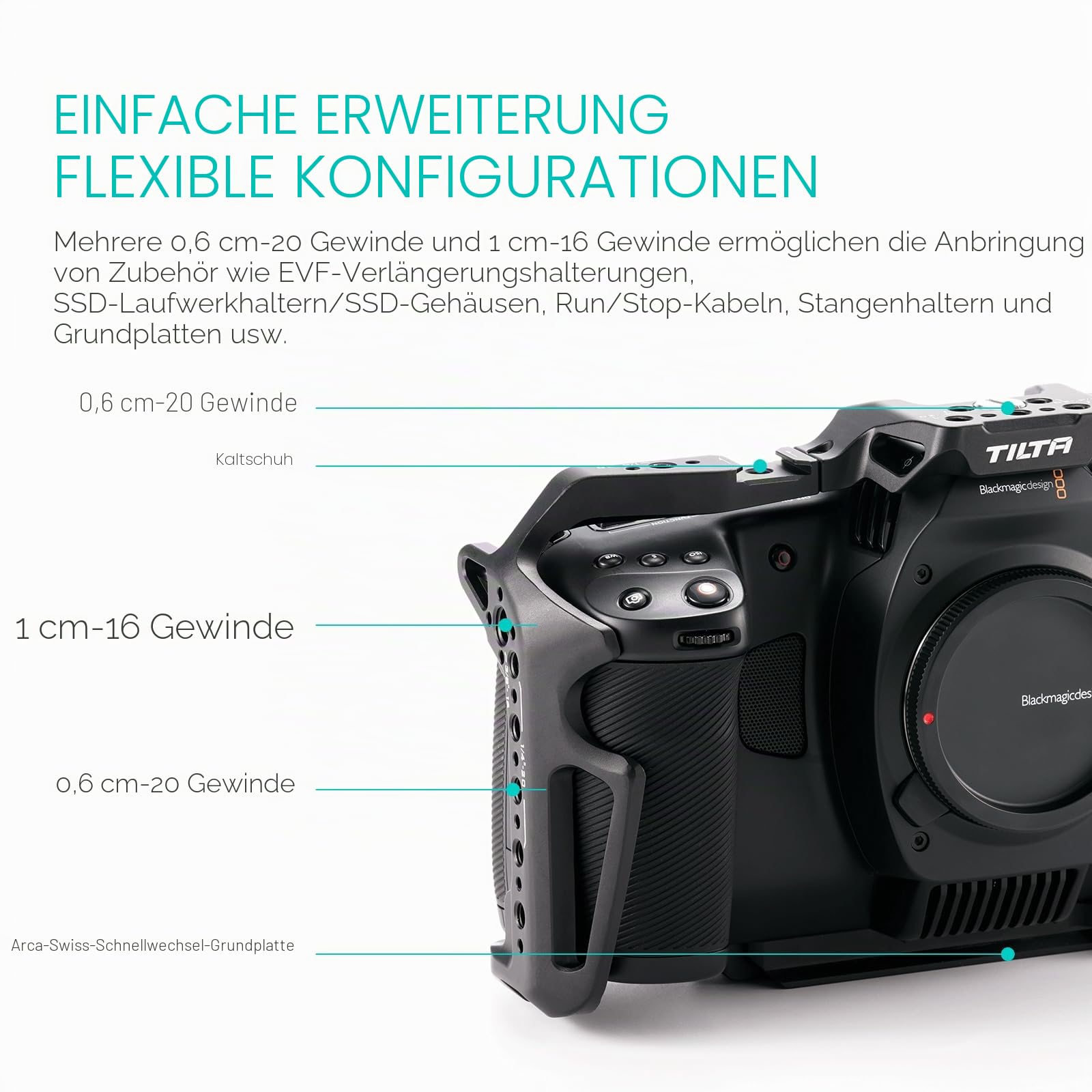 TILTA, BMCC-Käfig, vollständiger Kamerakäfig kompatibel mit BMCC 6K, Blackmagic Cinema Camera 6K mit Zubehör-Montagehalterung für Batteriegriff – Schwarz TA-T64-FCC-B