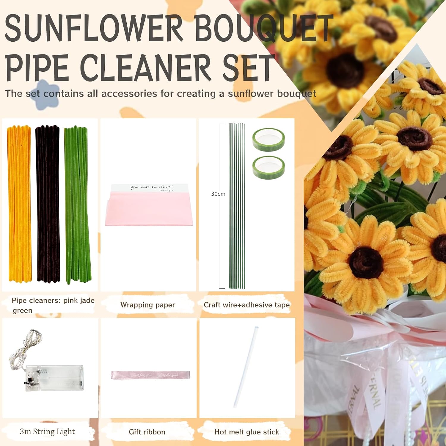 300Pcs Pipe Cleaners Craft with String Light, DIY Flower Bouquet Kit Graduation Gifts with Step-by-Step Video Tutorials for Holiday Decor, College High Middle School, Thanksgiving Day Christmas Gifts