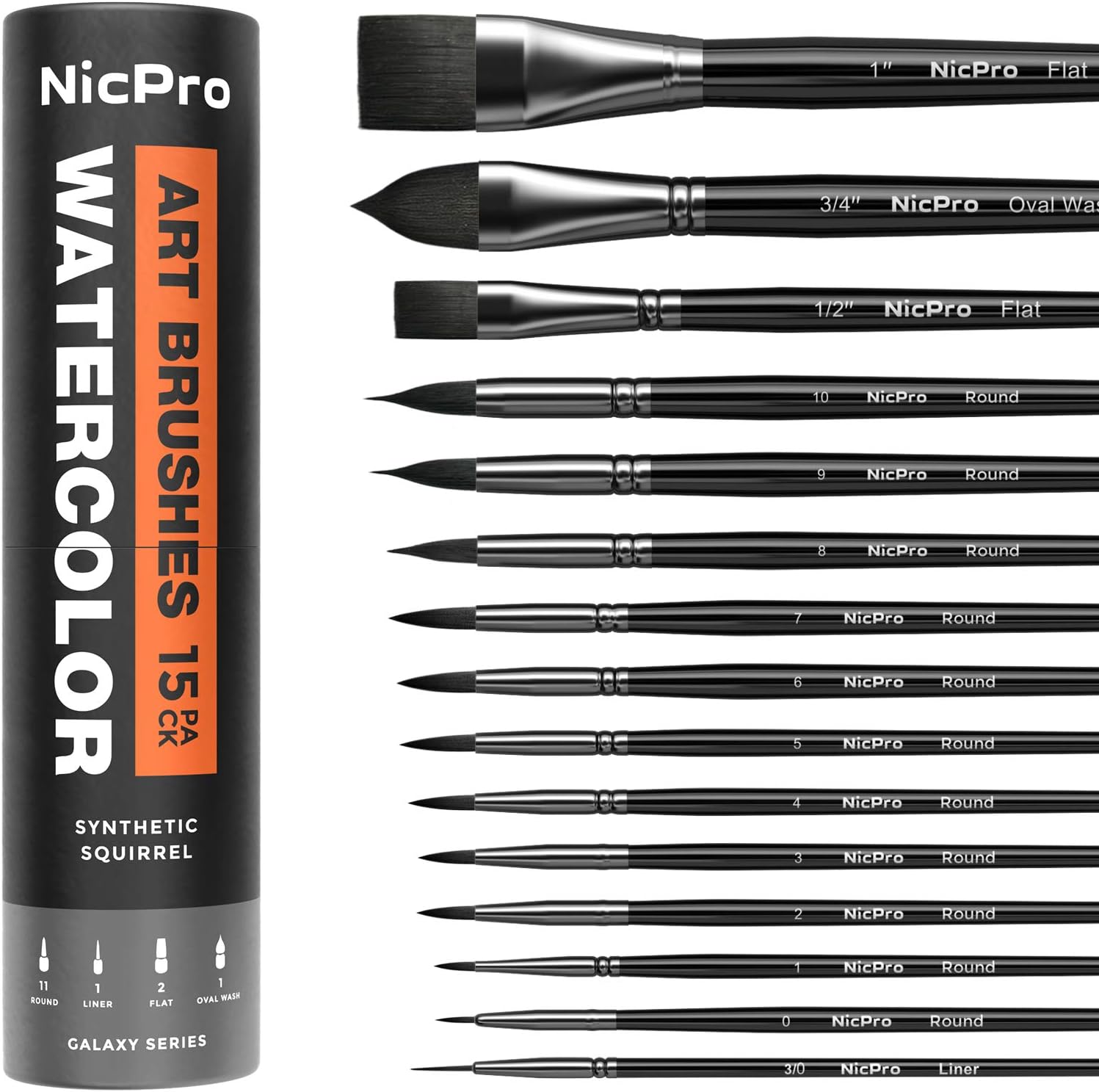 15PCS Professional Watercolour Brushes Set, Soft Synthetic Squirrel Paint Brushes, Artists Paint Brushes, Round, Cat Tongue, Liner, Flat, Wash for Artists, Adult, Watercolour, Inks, Gouache