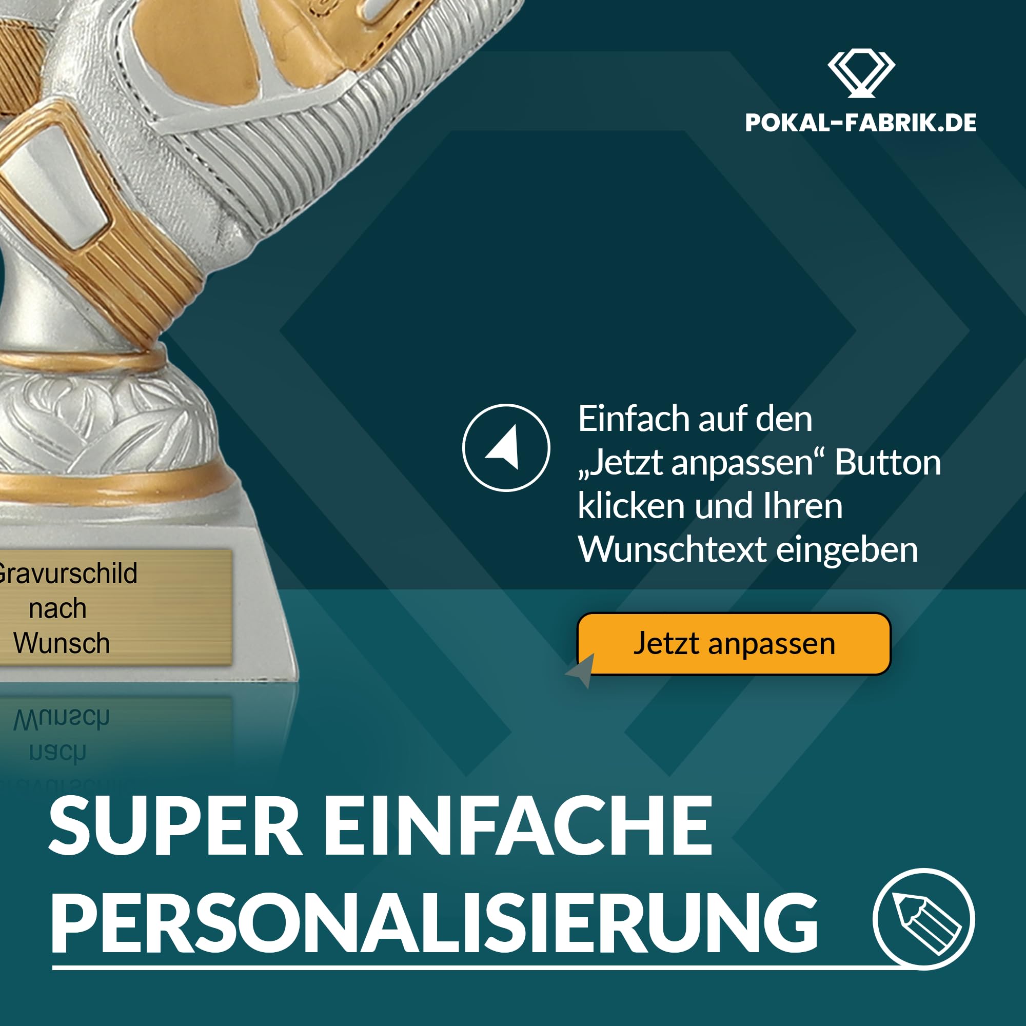 Pokal-Fabrik - Torwart-Handschuhe Fussball Pokal mit Gravur Wunschtext - Gold/Silber Trophäe 17 cm – personalisierte Auszeichnung für Fußball WM, Sport Events & Wanderpokal