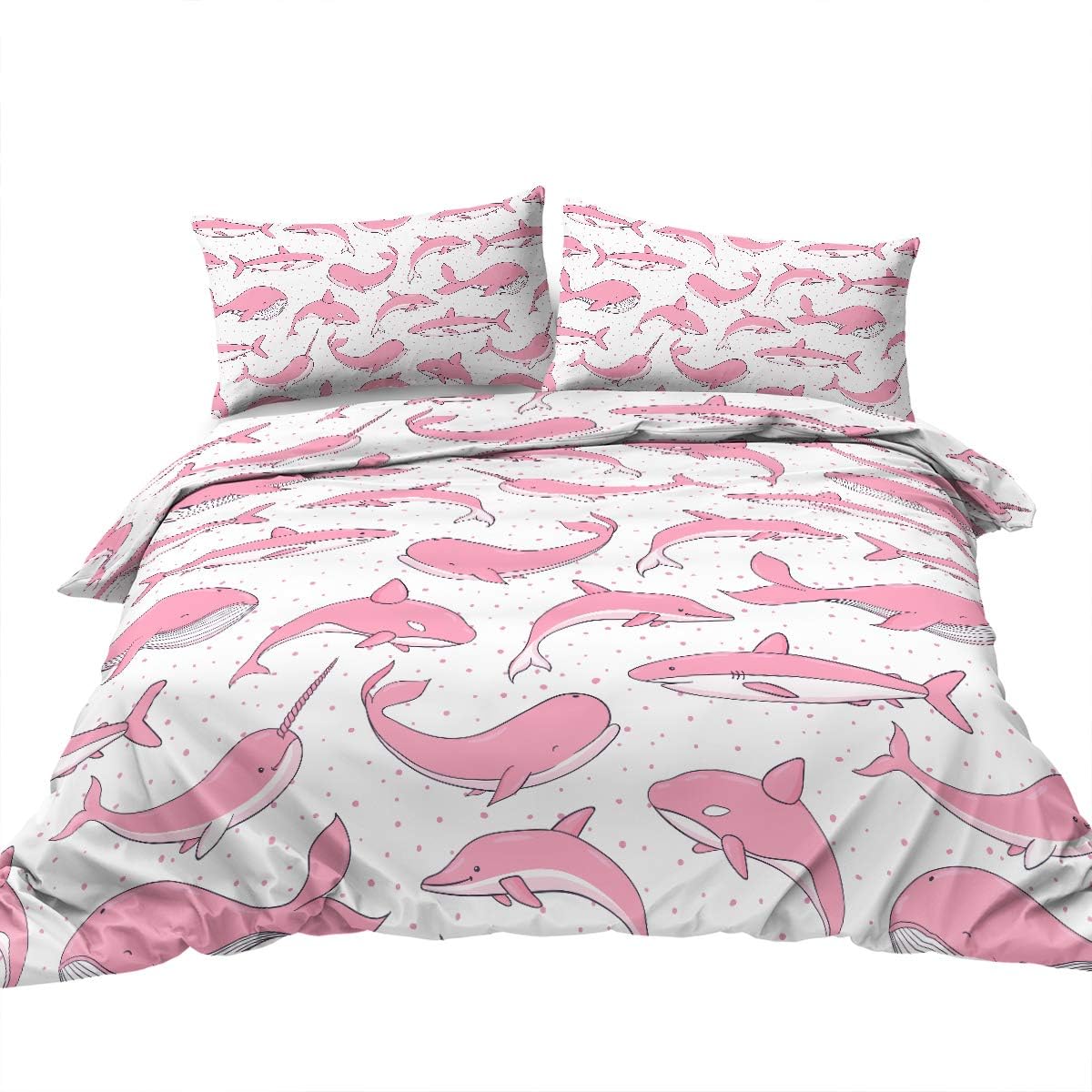Blessliving Whale Lovers Bedding Set for Double Beds with Pink Whales Sharks Narwhals and Dolphins Pattern 3pc Ocean White Polka Dot Style Duvet Cover Set