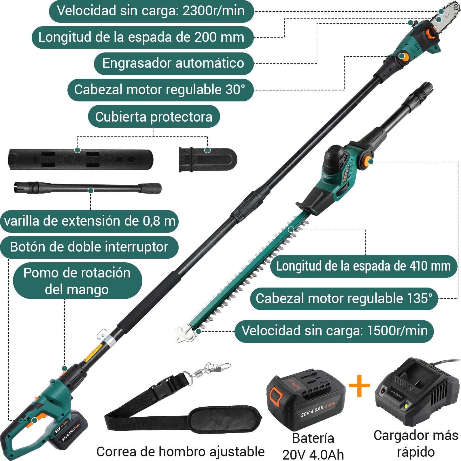 Cortasetos y podadora telescópica inalámbrica 2 en 1, herramienta multijardín inalámbrica, con batería/cargador de iones de litio de 20 V y 4,0 Ah, mango principal giratorio, ángulo de corte ajustable