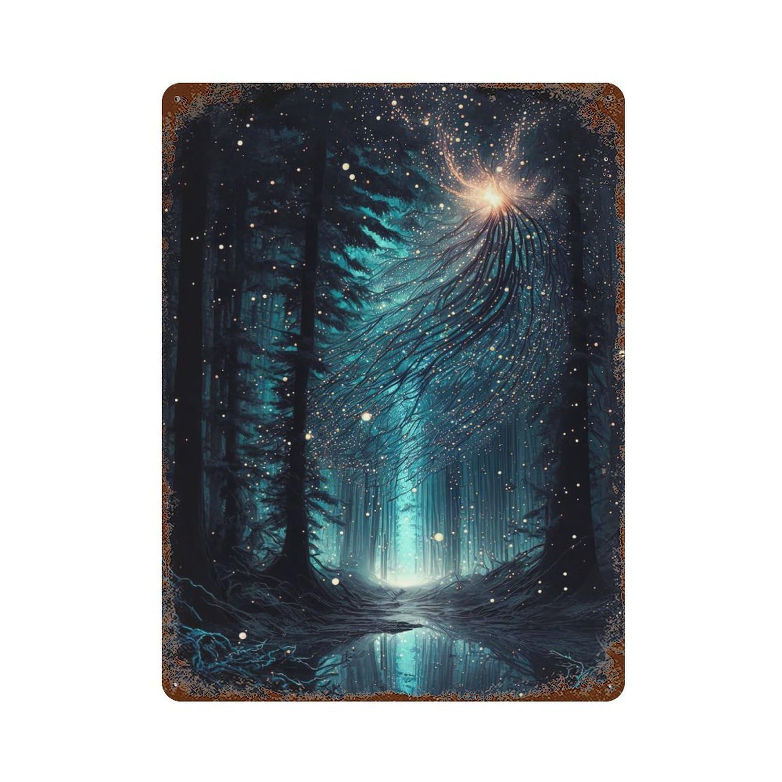 Rust Effect Tin Sign with Fantasy Magic Forest Design 15.7"x11.8", for Pub, Kitchen And Man Cave Decor, Industrial Home Decor