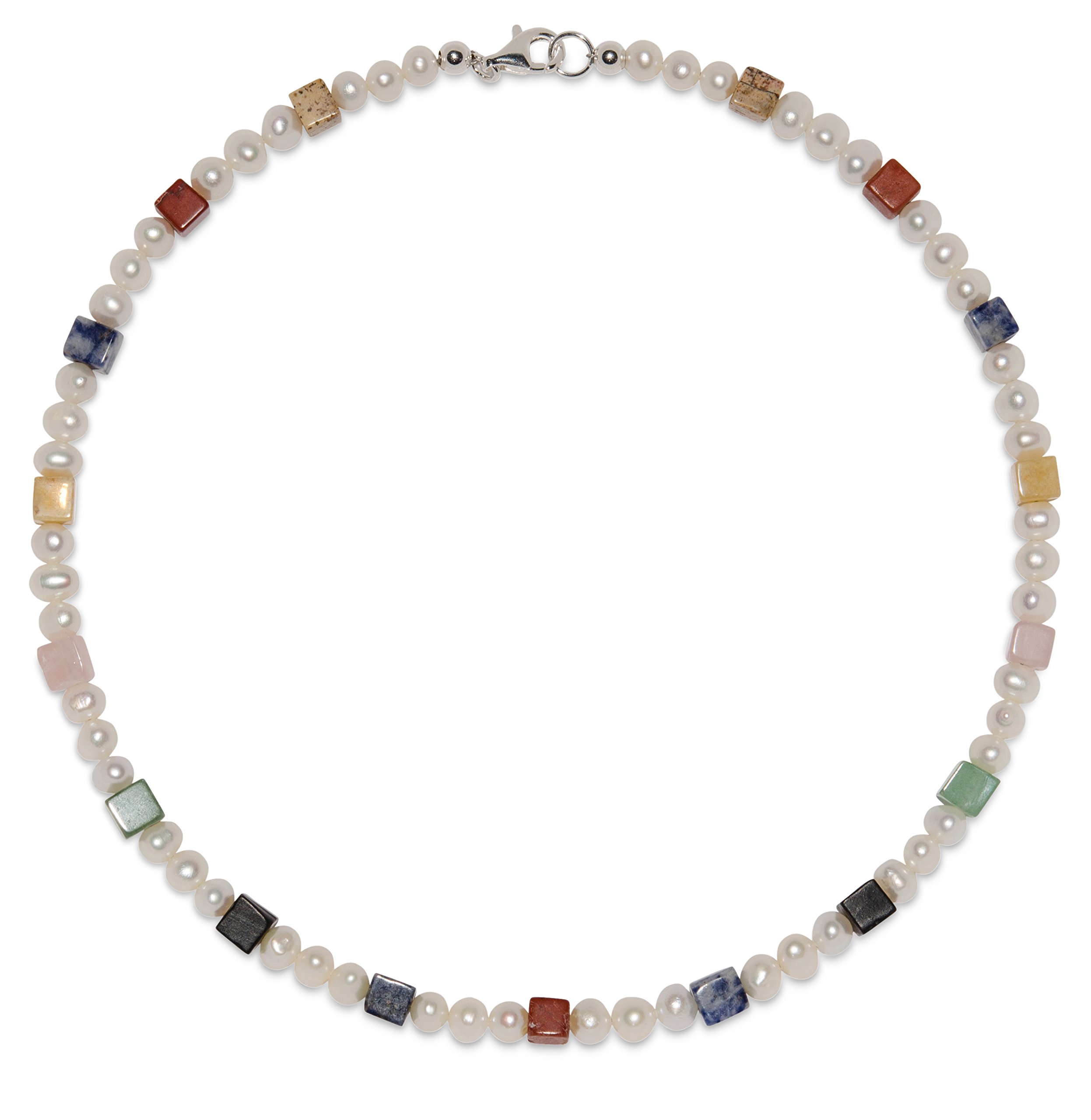 Perlenschmuck (Halskette) Perlenkette Süßwasserperlen mit bunten Edelstein Würfeln Verschluss 925er Sterling-Silber Modellnummer 2155