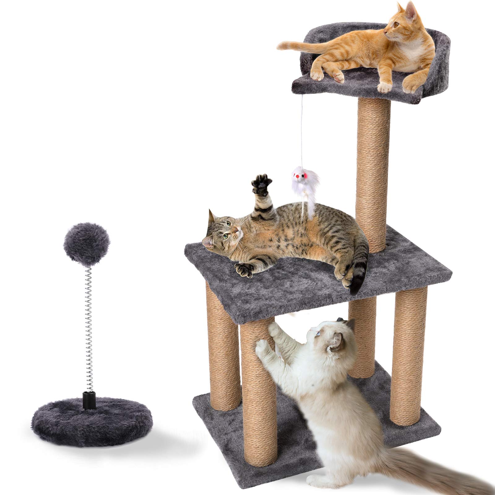 Cat Scratching Post for Kitty, Three Layers Natural Sisal Scratchers Post, Plush Platform and Hanging Mouse Balls, Kittens & Cat Interactive Toys Great Gift for Pet