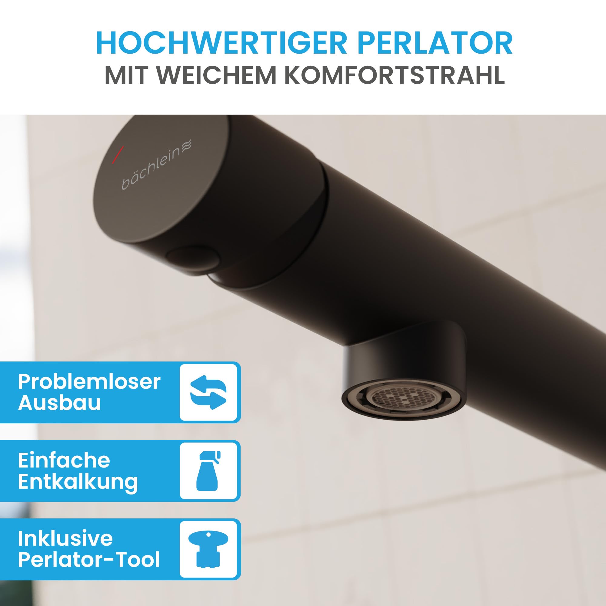 Bächlein Küchenarmatur Boyano (Matt schwarz) – Schwenkbare Einhand-Spültischbatterie aus hochwertigem Messing– Wasserhahn für die Küche mit nach vorne gerichtetem Hebel