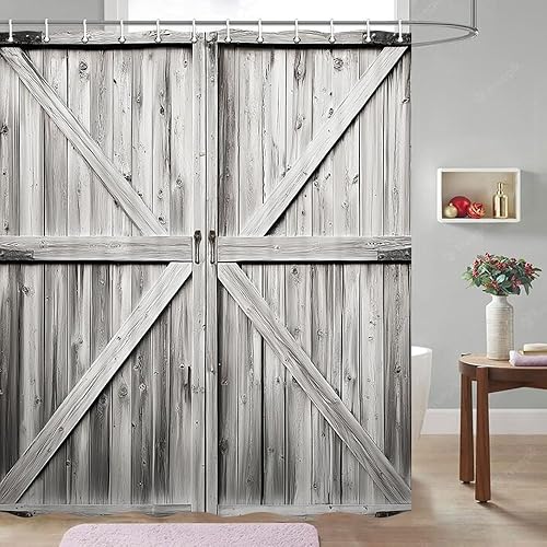 Miniatura 6 de JAWO Cortina de ducha para puerta de granero occidental, estrella del oeste de Texas en tablero de madera rústica, juego de cortina de ducha de