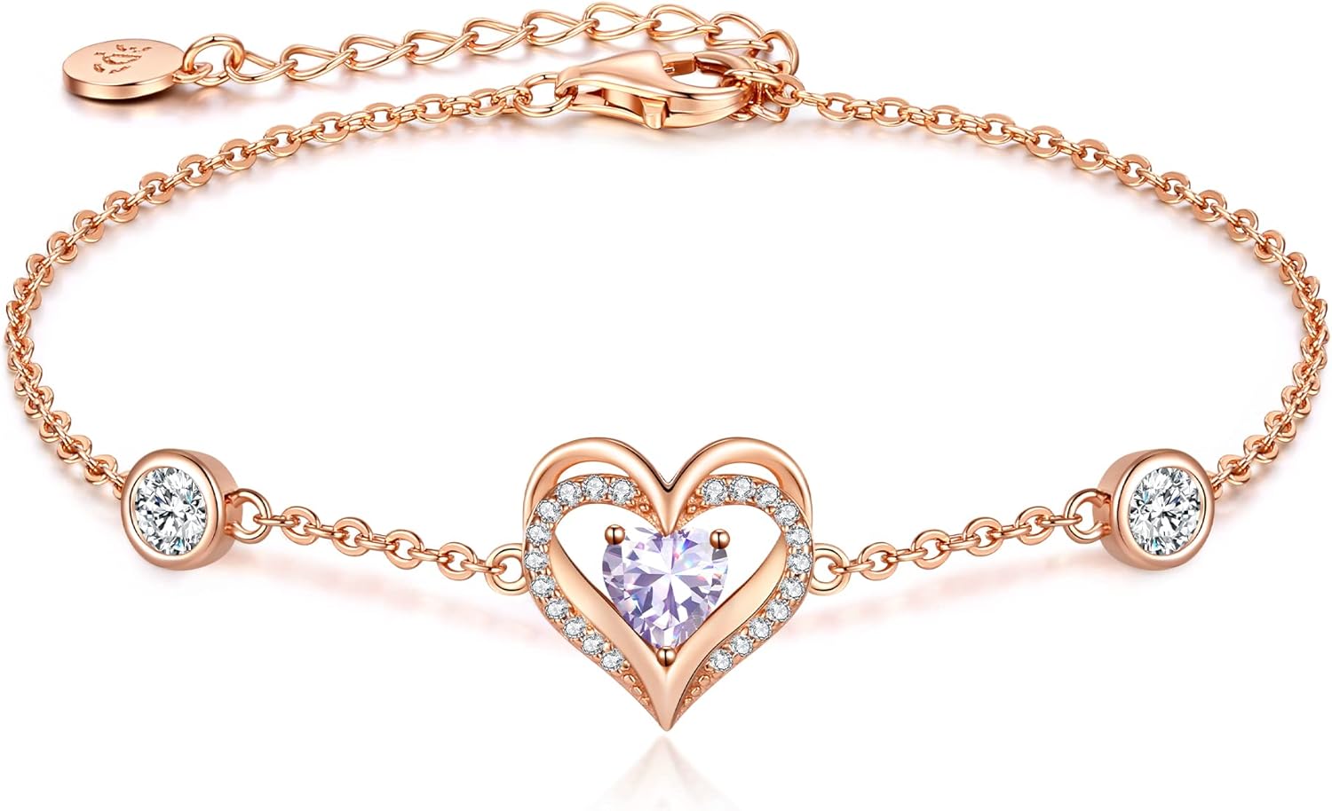 CDE Love Heart Bracelets for Women, 925 Sterling Silver with Birthstone Zirconia, Birthday Anniversary Charm Link Chain Bracelet Jewelry Gift for Wife Girlfriend Her
