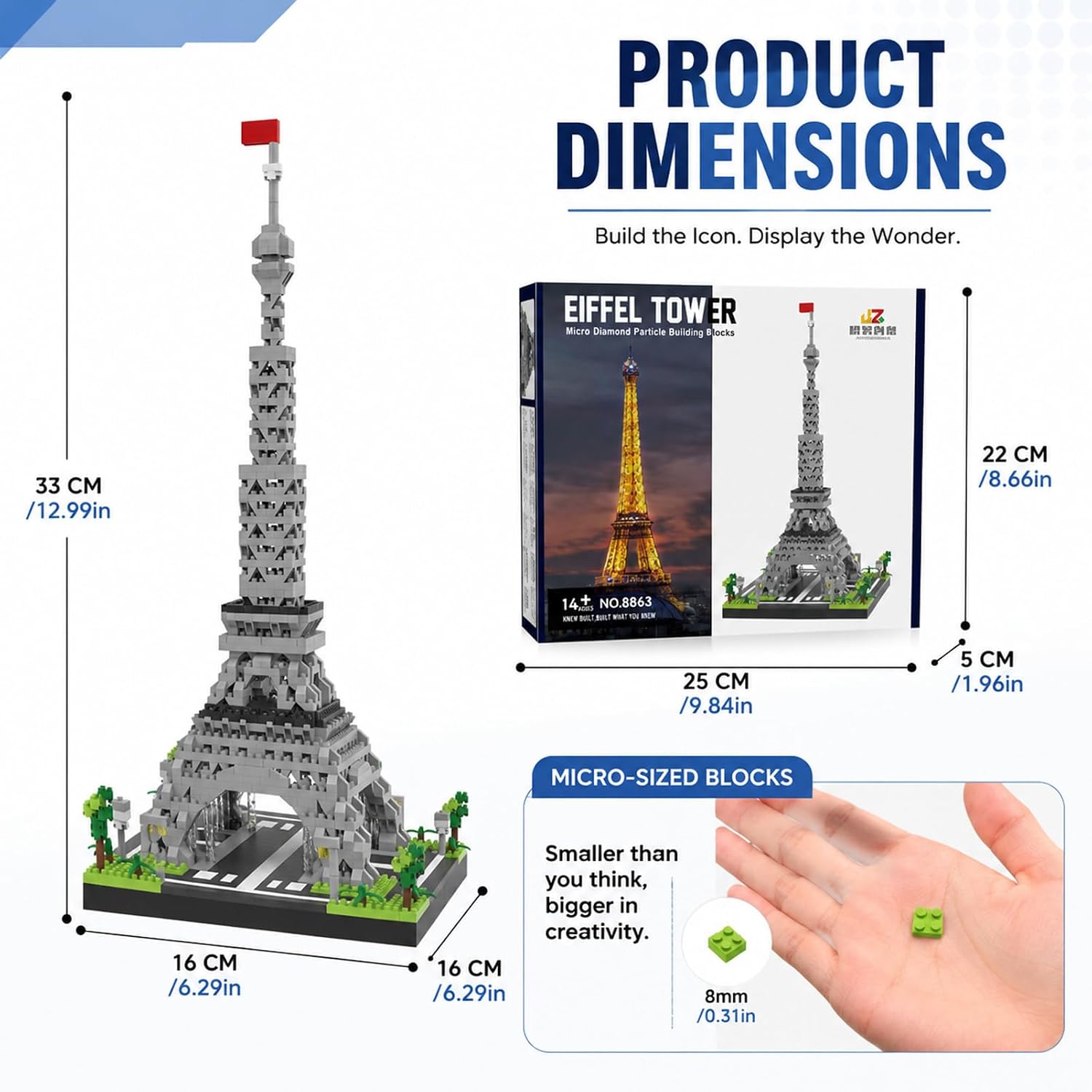 1290+ Micro Diamond Particle Building Blocks, Eiffel Tower Architecture Model Kit, Mini Bricks Building Set for Adults & Collectors, DIY Brick Set with Ornament Display Base (16x16x33cm)