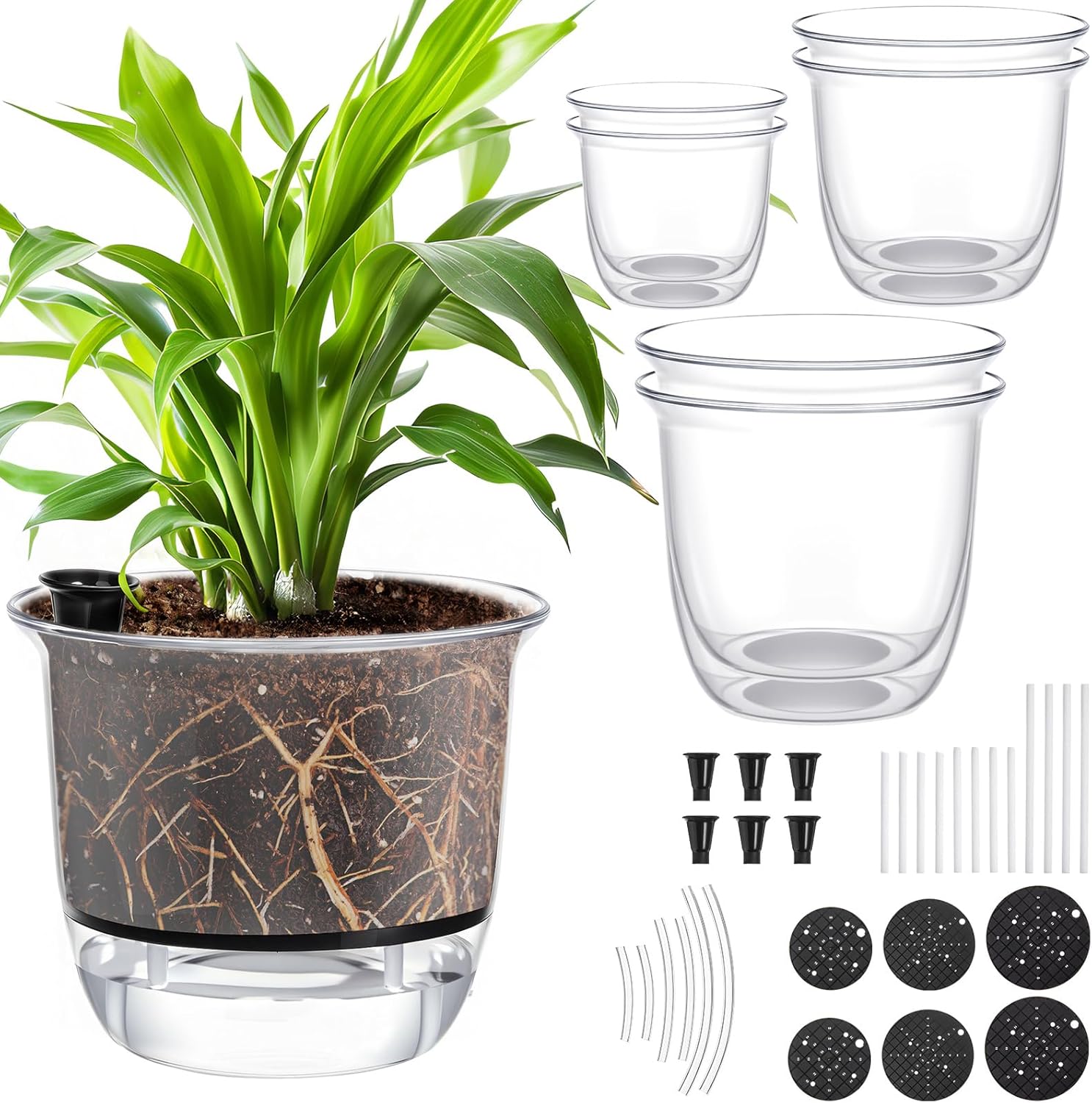 6 Pcs Clear Self Watering Pots for Indoor Outdoor Plants Flowers, 2 Each of 4, 5 and 6 Inch Self Watering Planters with Reservoir, Drainage Hole and Absorbent Cotton Rope