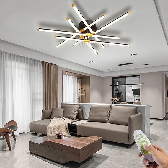 WERSVG Dimbare LED lamp plafondlamp Ø90cm grote woonkamerlamp bloem Creatieve plafondlamp Modern zwart goud Minimalistische plafondverlichting voor slaapkamer eetkamer 6-vlam