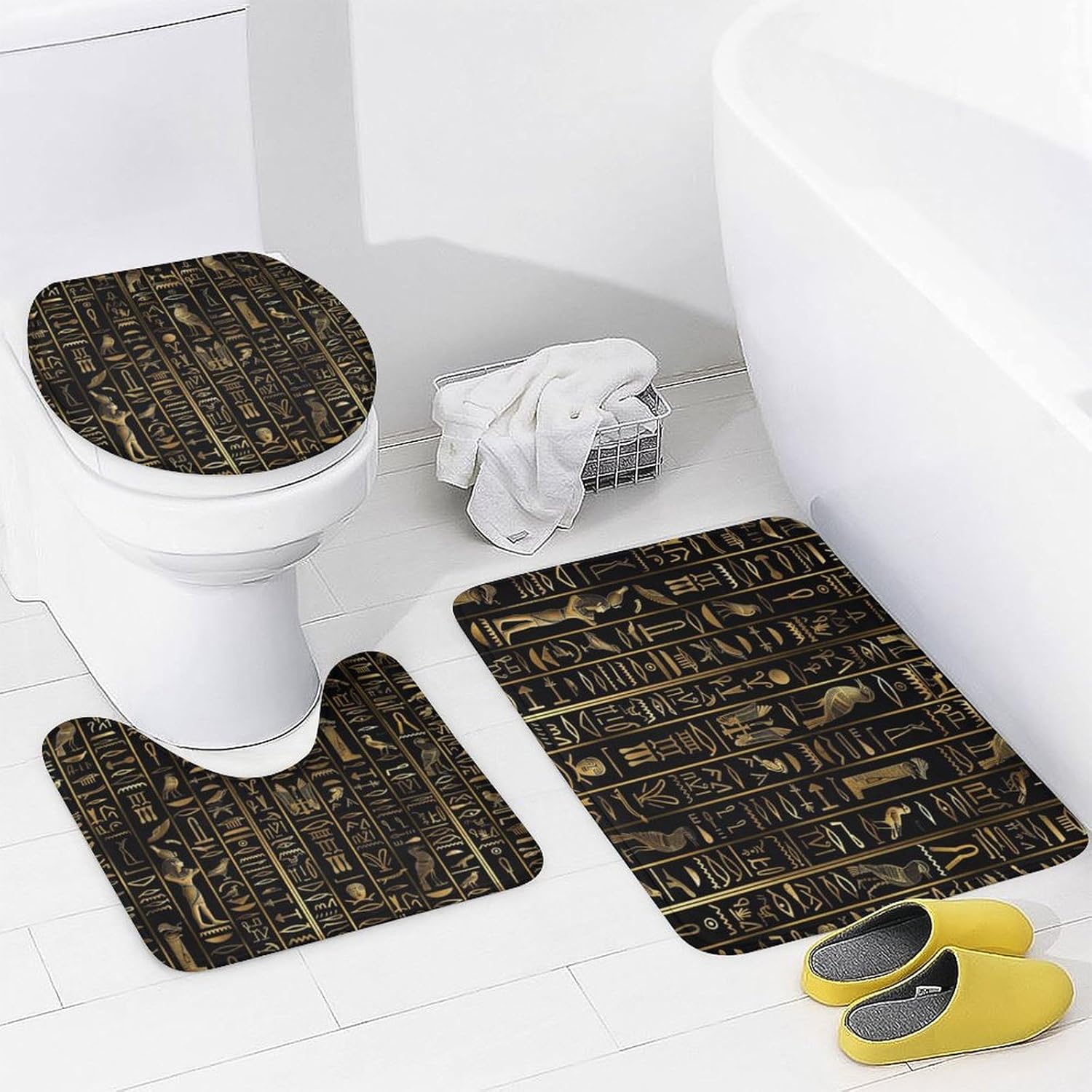 Brebasf Watercolor Egyptian Anubis Hieroglyphics 4 Pieces Shower Curtain Set,Abstract Pharaoh Bird Black Gold Temple Mystery Symbol Prints Non-Slip Rugs Toilet Lid Cover Bath Mat And Bathroom Curtain