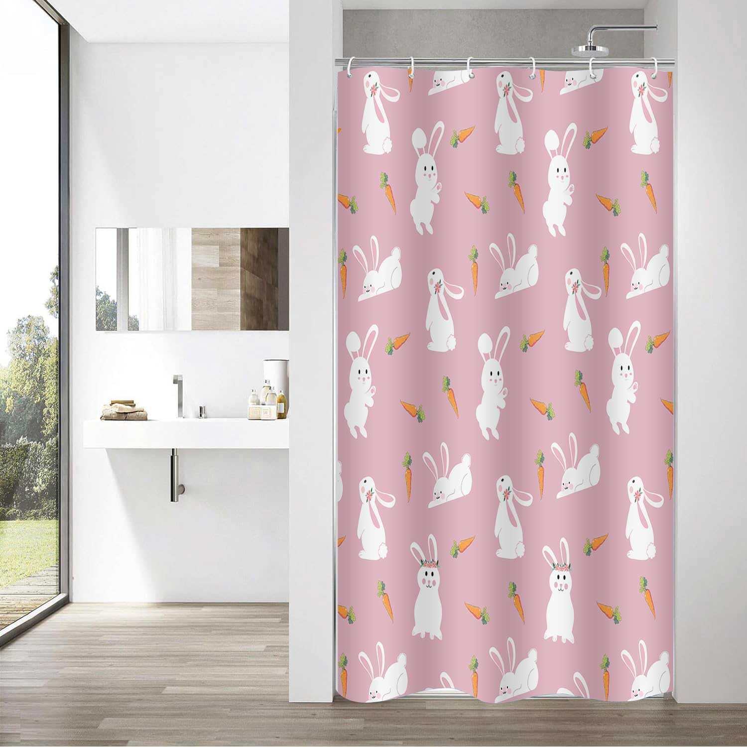Easter Rabbit Carrot Cute Pink Bunny Print Shower Curtain, 36Wx72L image 3