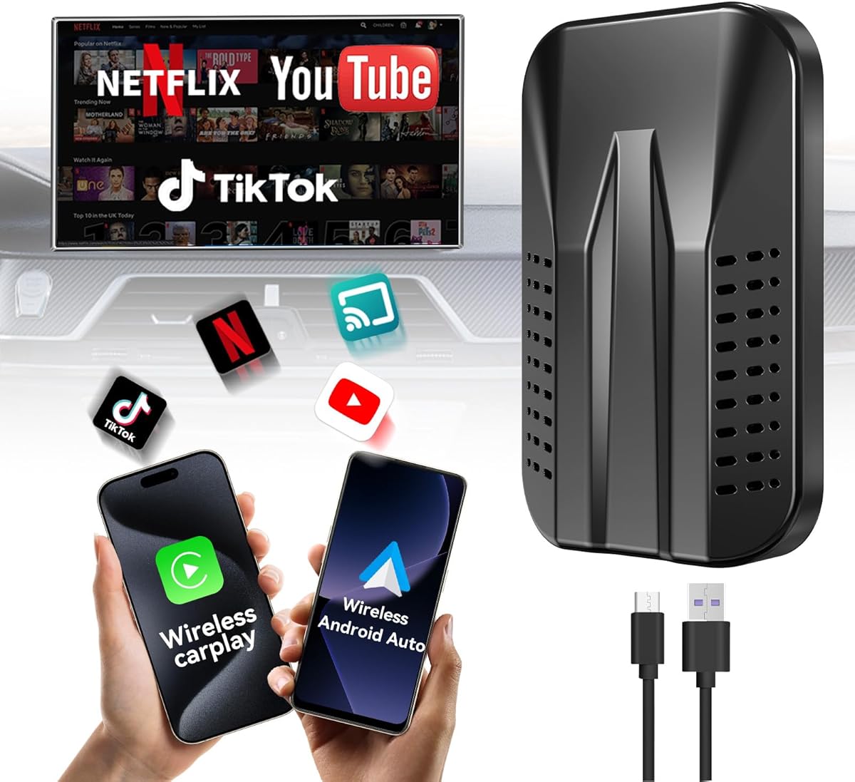 4-in-1 Wireless CarPlay & Android Auto Adapter, Compatible with N-etflix/YouTube/TIK Tok/Screen Mirror Link/TF Card,Carplay Ai Box,Plug & Play, Suitable for Cars Equipped with OEM Wired CarPlay