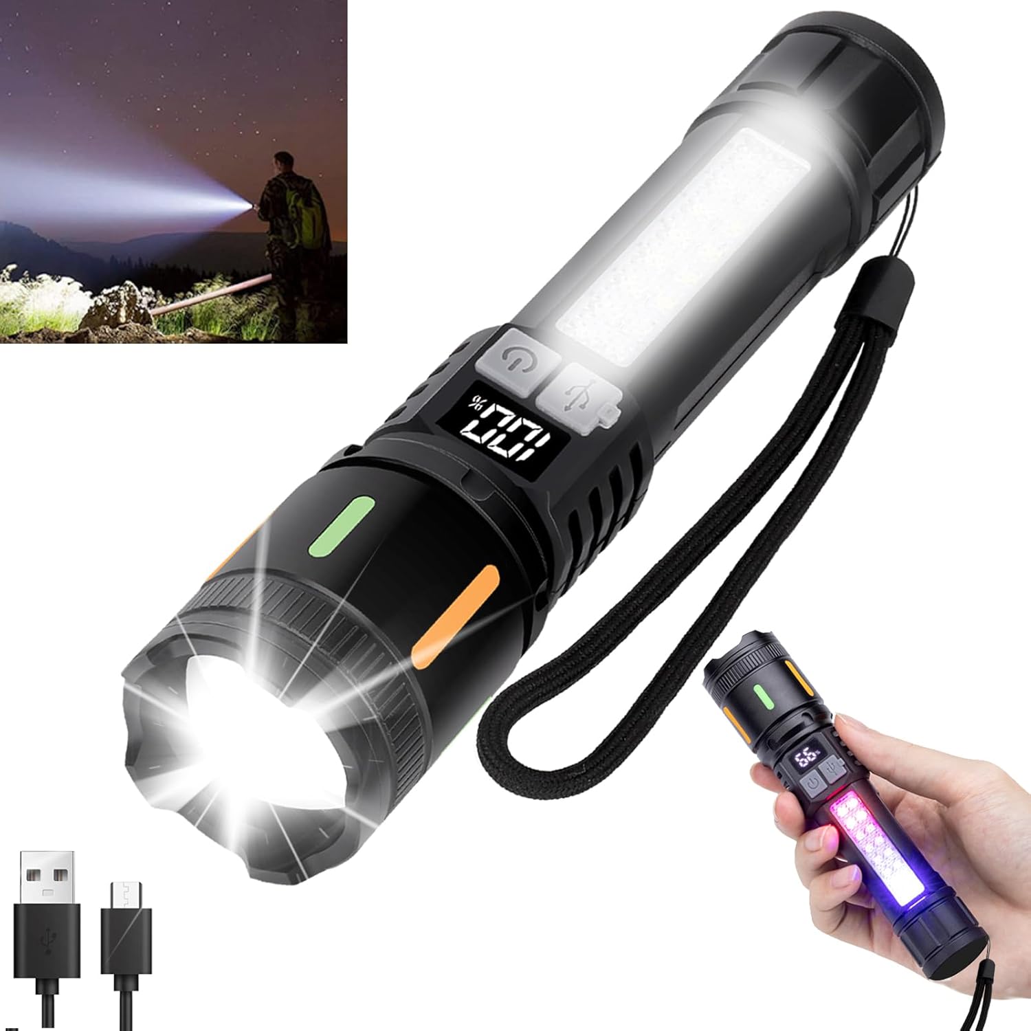 Flashlight High Lumen Rechargeable 1,500,000L, Handheld Tactical LED Strong Flash Light, Battery Powered Super Bright Flashlight with Type-C, 3 Modes, Zoomable, USB Output for Home, Emergency