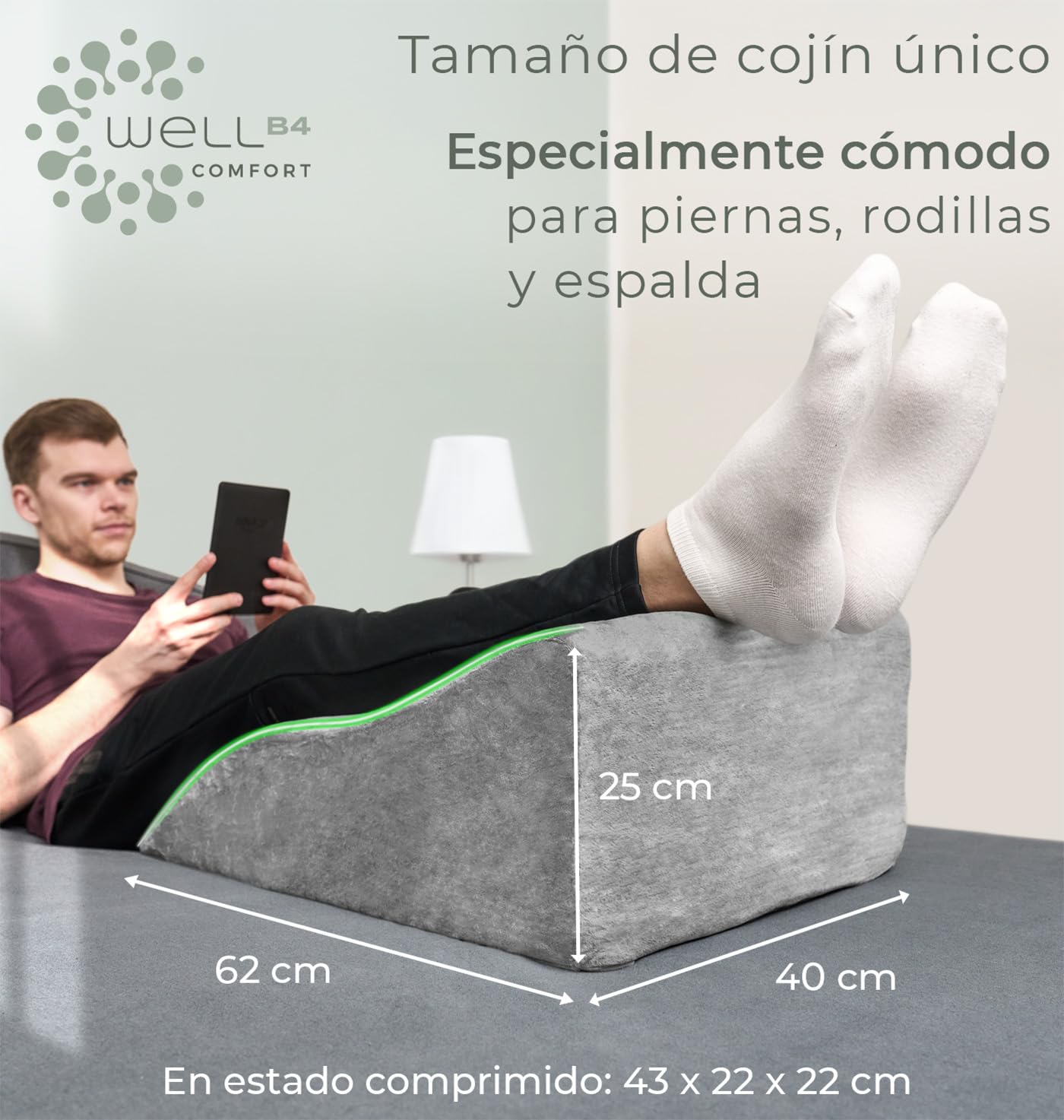 Well B4 Almohada para piernas con Varices Alto - Cojin reposapiernas, Dolor de Espalda y Rodillas, cuña para piernas Pesadas, Mejora la circulación piernas hinchadas, ergonomico, Transpirable Lavable