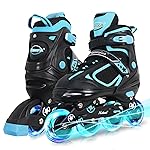 MammyGol Adjustable Inline Skates for Boys Girls Kids Youth with Light up Wheels, Teal Beginner Blades Roller Skates for Boys Size 1 2 3 4 Ages 6-12
