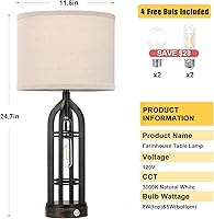 Vista 6 de Seealle Lámparas de Mesa para Sala de Estar Juego de 2 - Lámpara de Mesita de Noche Negra para Dormitorio con USB C+A y Tomacorriente, Lámparas