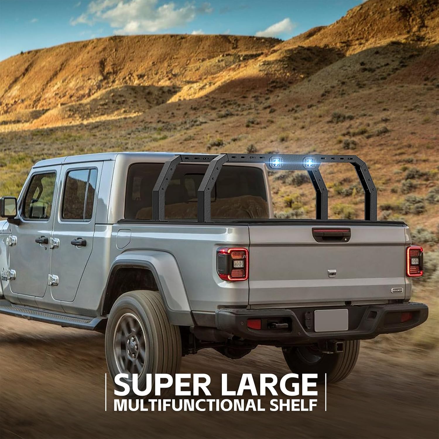 Adjustable 20-22.8" Truck Bed Racks with 2 LED Lights Compatible with Tacoma/Tundra/Silverado/Sierra/Ram/Colorado/Canyon/ F150/ Ranger/Frontier/Titan/Gladiator JT with Bed Rails