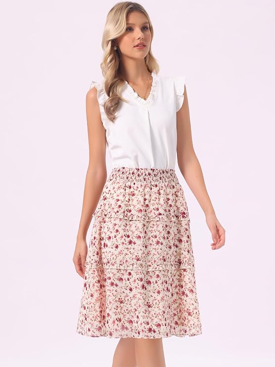 Allegra K Womens Floral Chiffon Skirts Elastic Waist Boho A-Line Midi Skirt