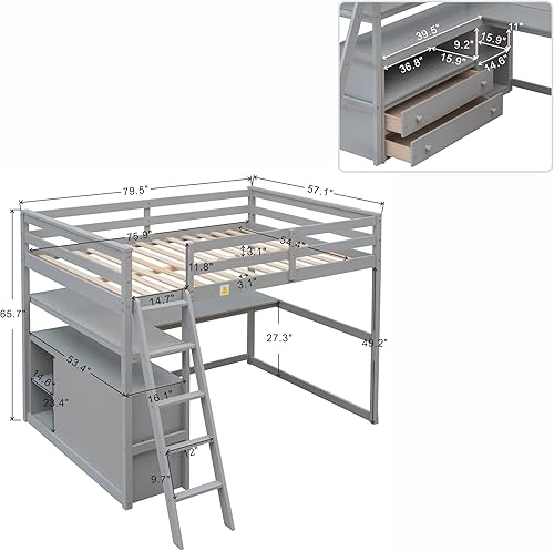 Miniatura 56 de Cama alta funcional tamaño individual con 2 cajones y 2 armarios, base de cama de madera maciza con barandilla de seguridad y escalera de