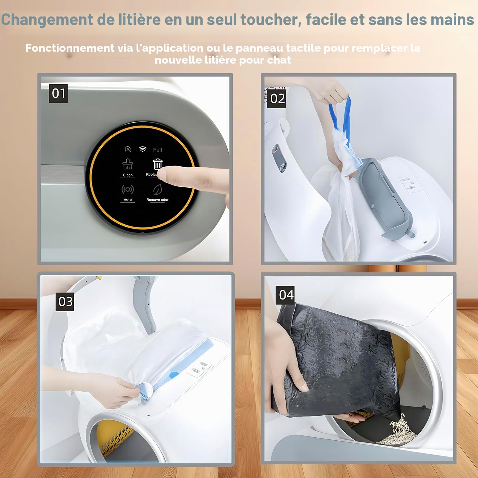 Litière autonettoyante pour chat avec 2 rouleaux de sacs poubelle et tapis de litière pour chat, contrôle par application pour plusieurs chats (A)