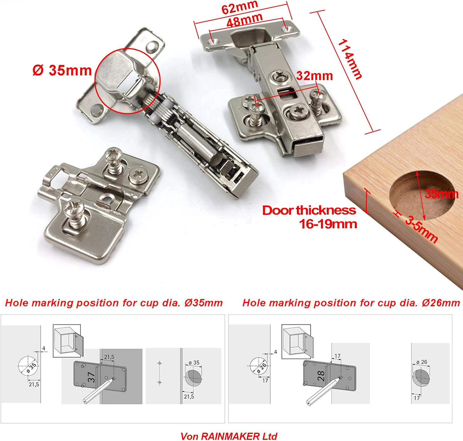 110 Degré Plein Recouvrante 35mm Soft Close Charnieres avec Amortisseur Hydraulique Fermeture Automatique Charnière pour Armoires de Porte Cuisine 8 Pcs — vue 4