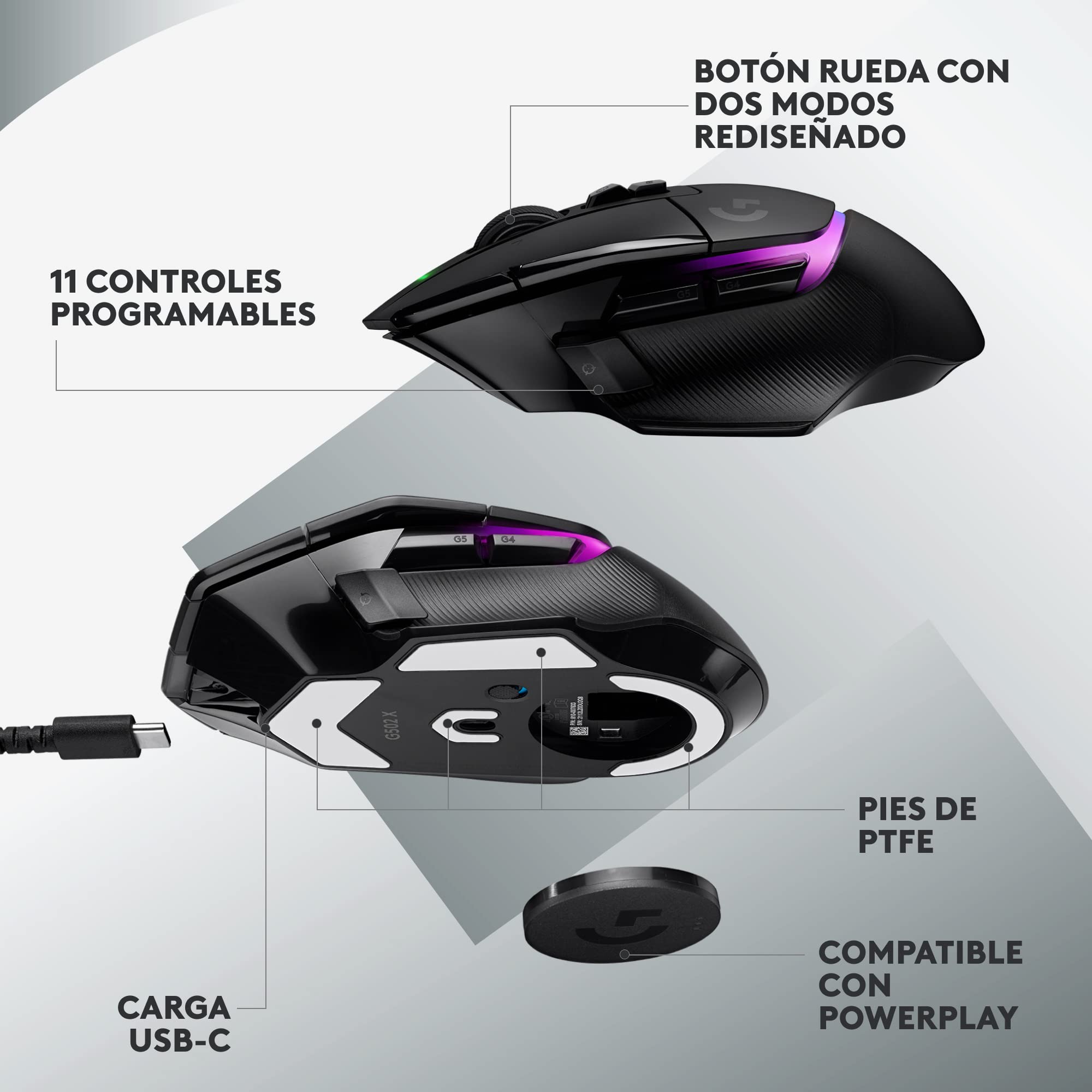 Logitech G G502 X Plus Lightspeed Ratón inalámbrico RGB para Gaming - Ratón óptico con interruptores híbridos LIGHTFORCE, LIGHTSYNC RGB, Sensor Hero 25K, Compatible con PC - macOS/Windows - Negro